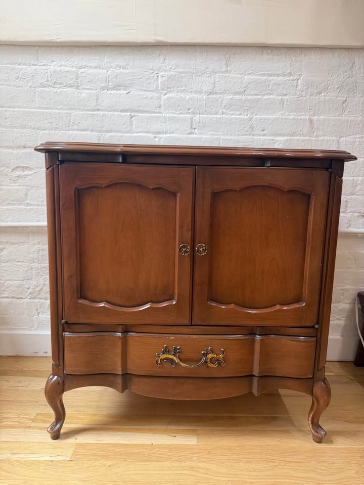 Mid Century Provincial Style Walnut Vinyl Storage Cabinet