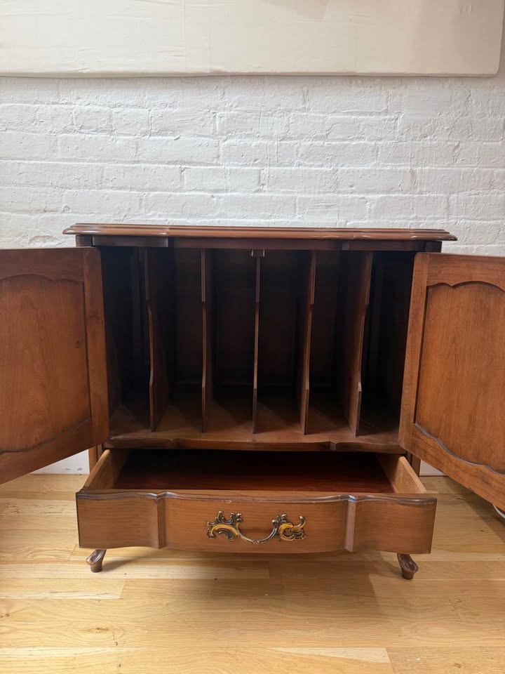 Mid Century Provincial Style Walnut Vinyl Storage Cabinet