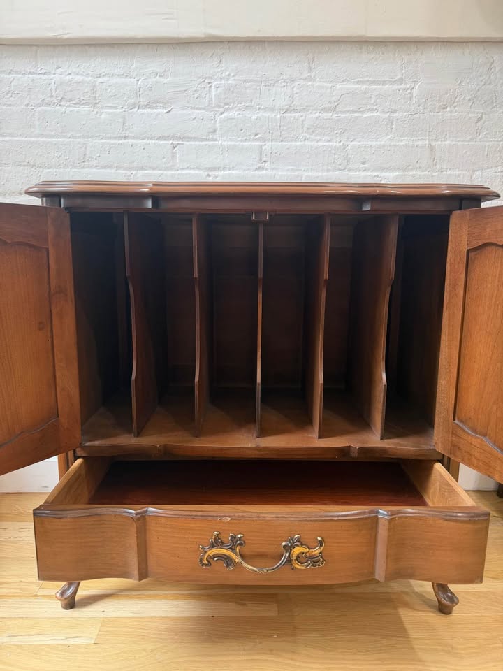 Mid Century Provincial Style Walnut Vinyl Storage Cabinet