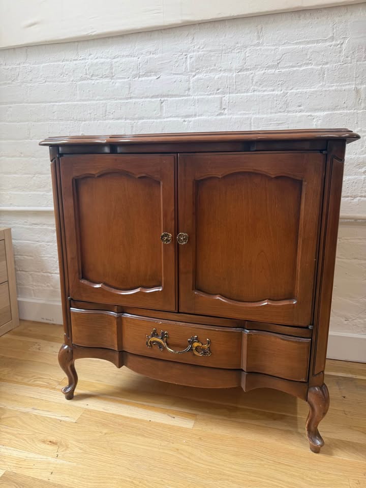Mid Century Provincial Style Walnut Vinyl Storage Cabinet