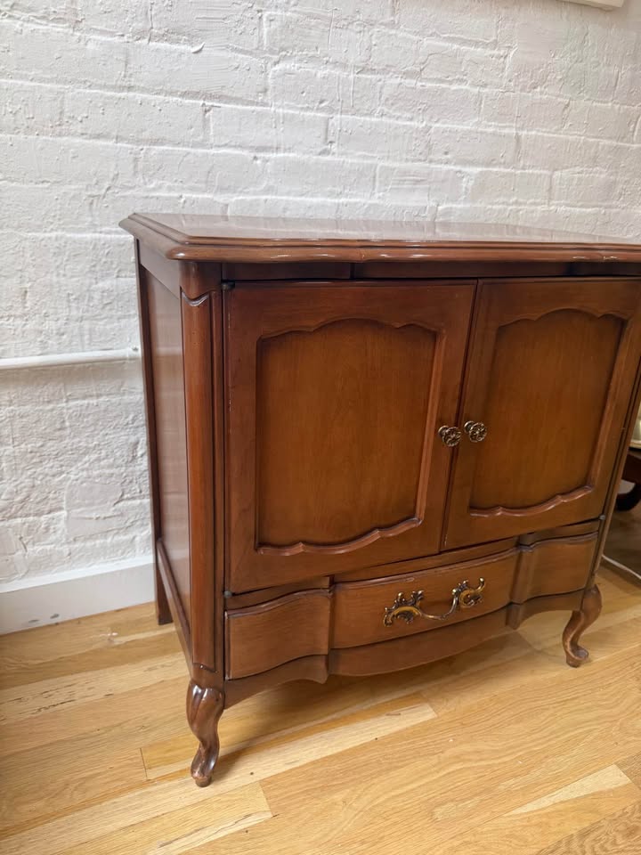 Mid Century Provincial Style Walnut Vinyl Storage Cabinet