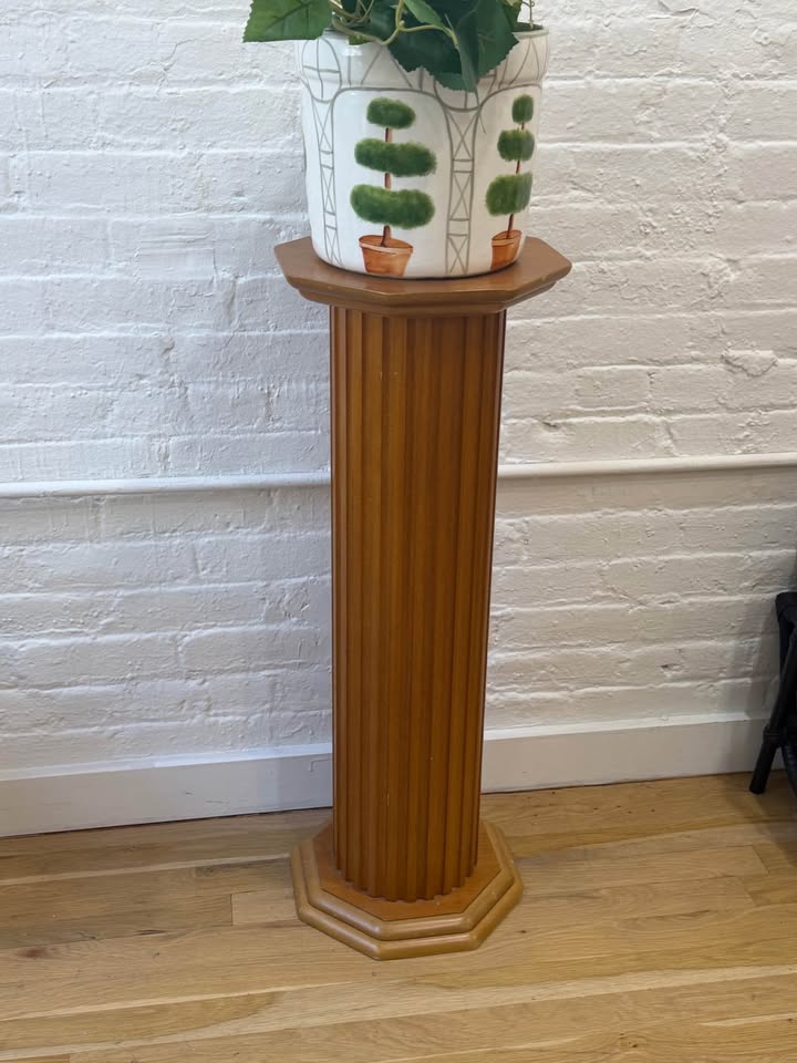 Vintage Wooden Fluted Column Pedestal with Octagonal Detail