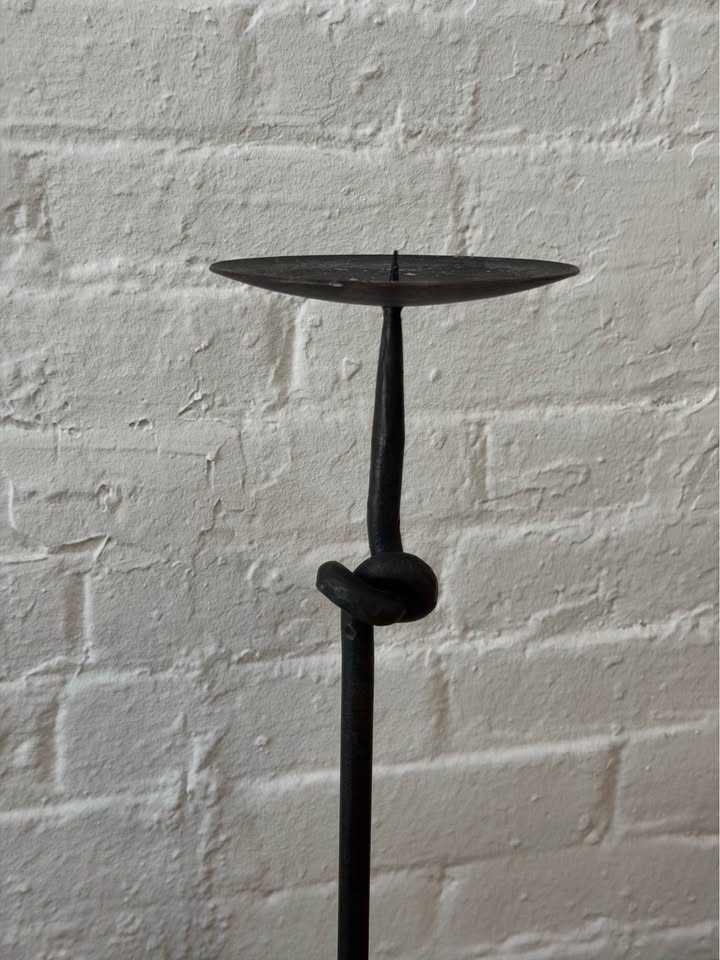 Primitive Wrought Iron Tripod Twist Detail Candlestick Holder