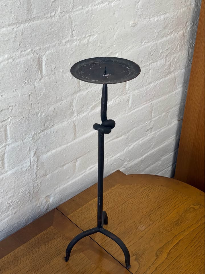 Primitive Wrought Iron Tripod Twist Detail Candlestick Holder