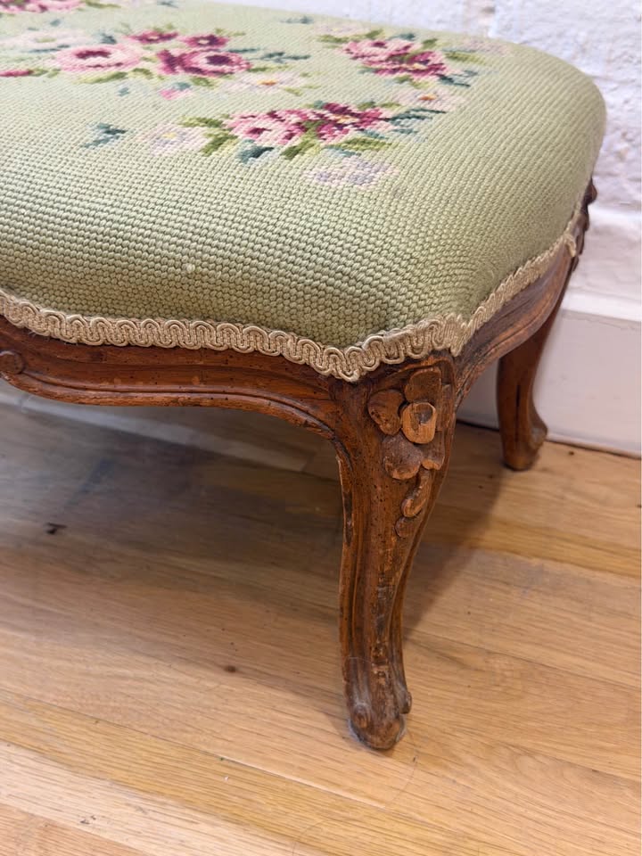 Vintage Floral Needlepoint Footstool with Carved Wooden Legs