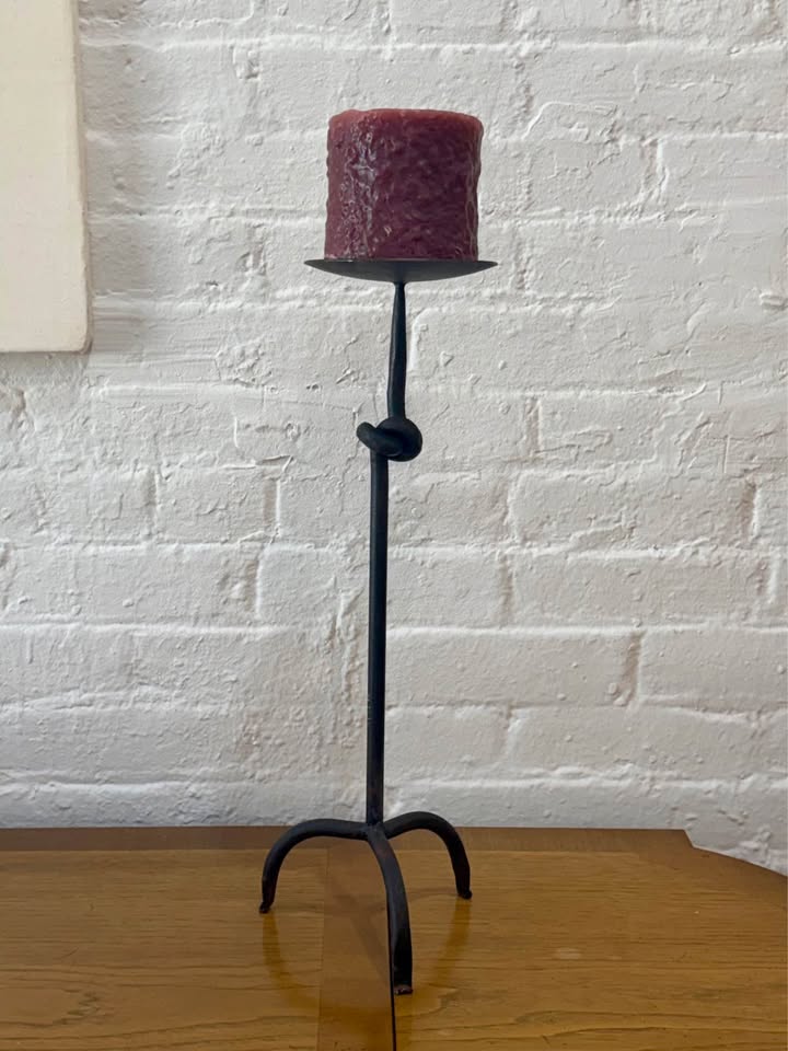 Primitive Wrought Iron Tripod Twist Detail Candlestick Holder