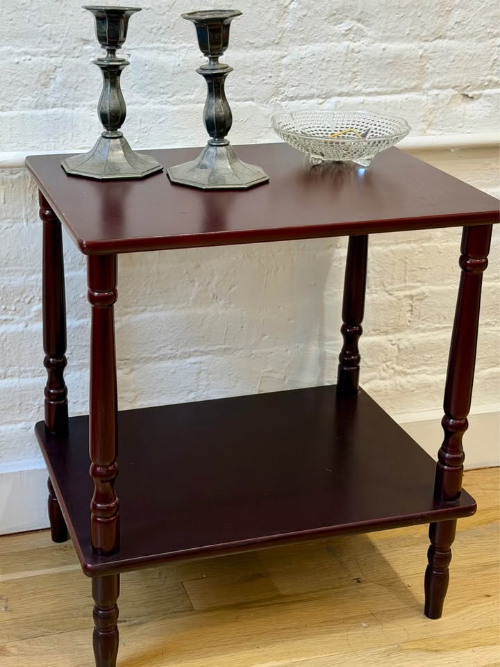 Two Tier Wooden Mahogany Side Table with Turned Leg Detail