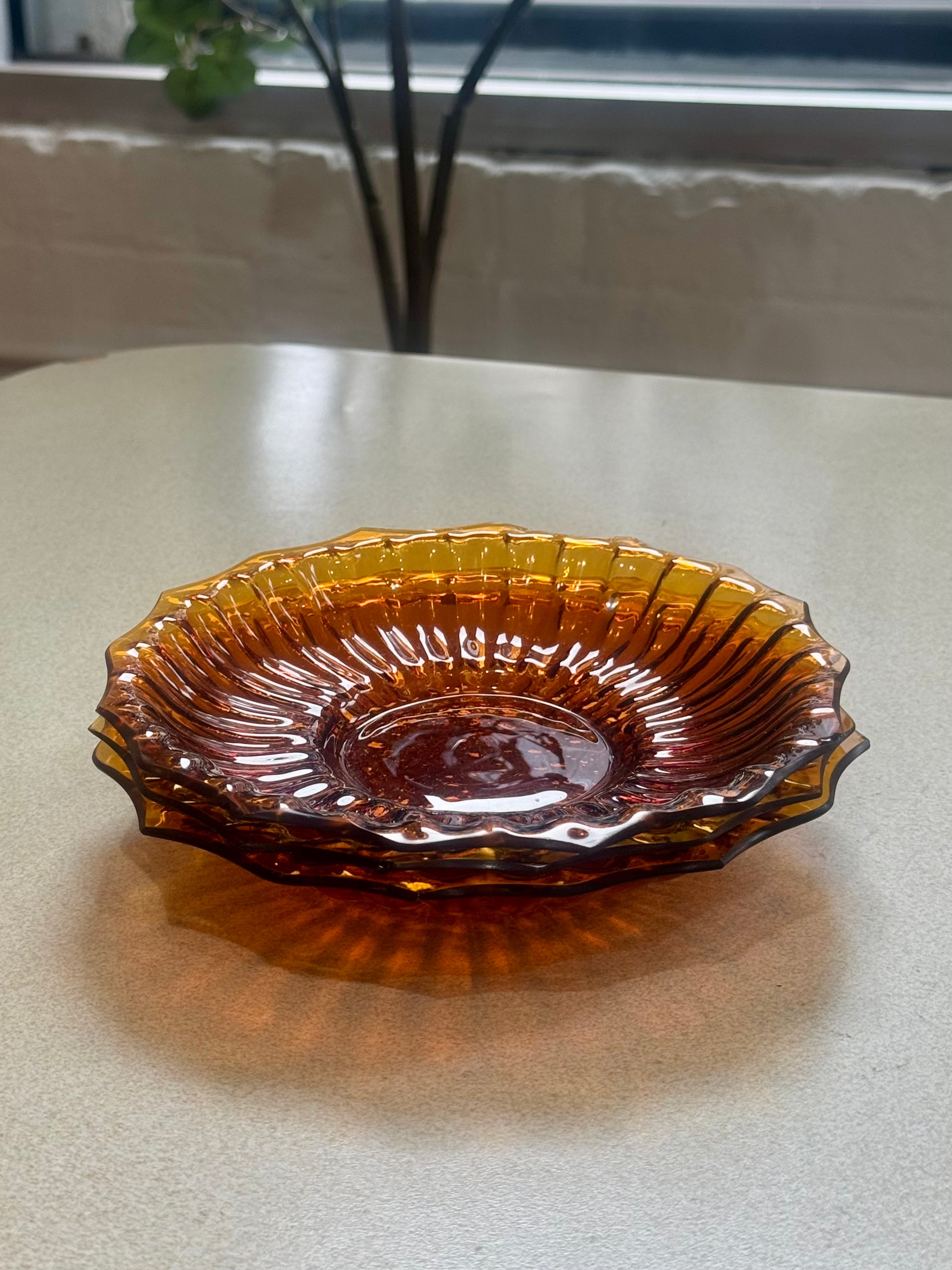 Vintage Amber Glass Ribbed Bowl