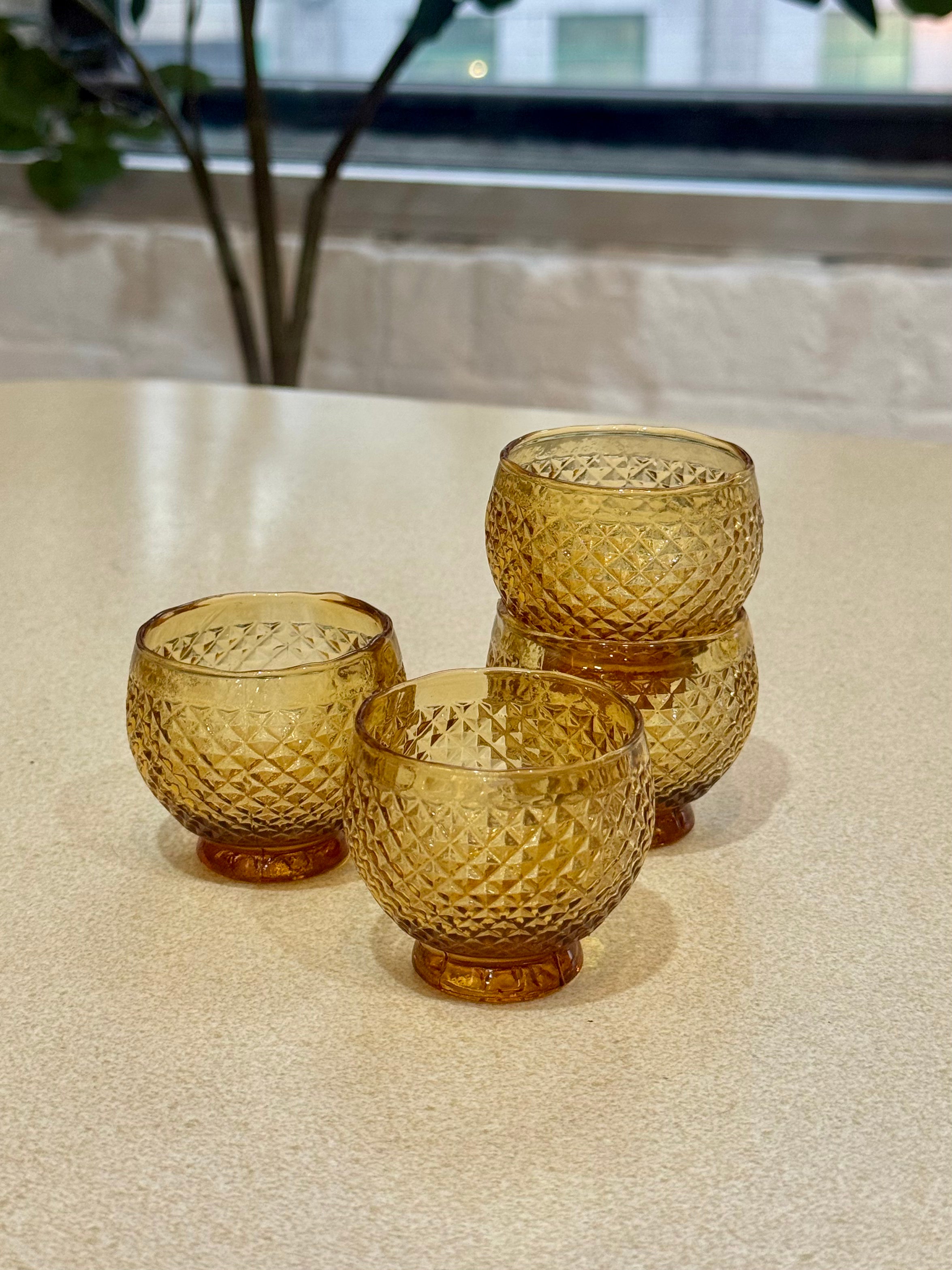 Amber Diamond Etched Cordial Glasses