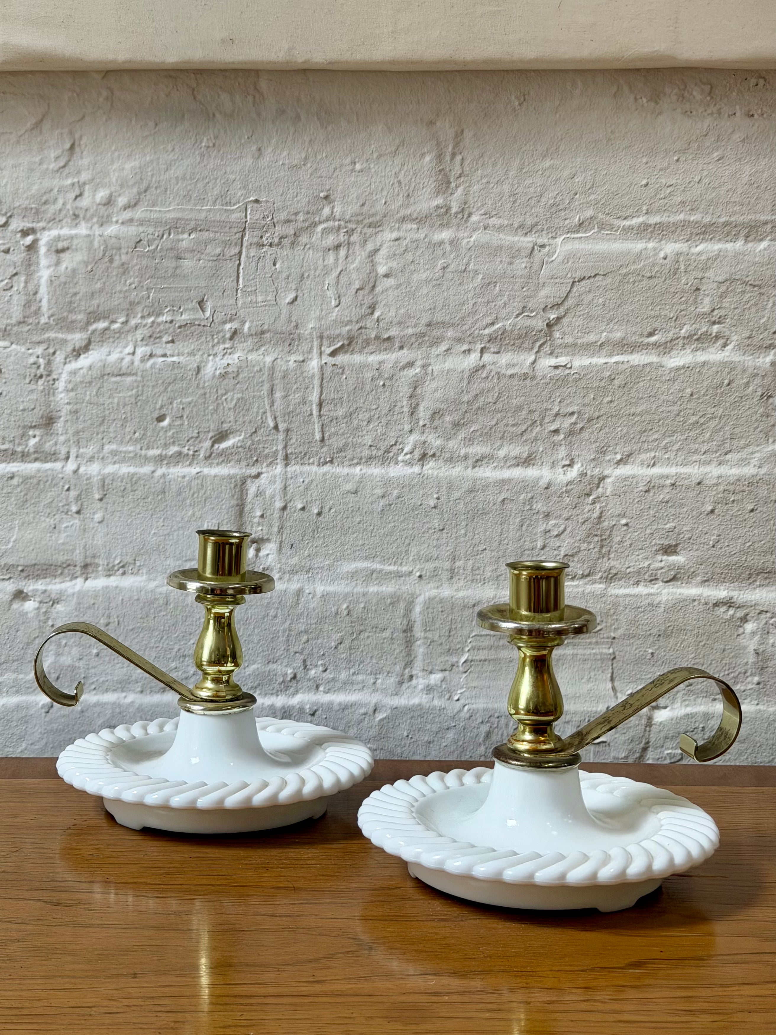 Milk Glass and Brass Chamberstick Candle Holder