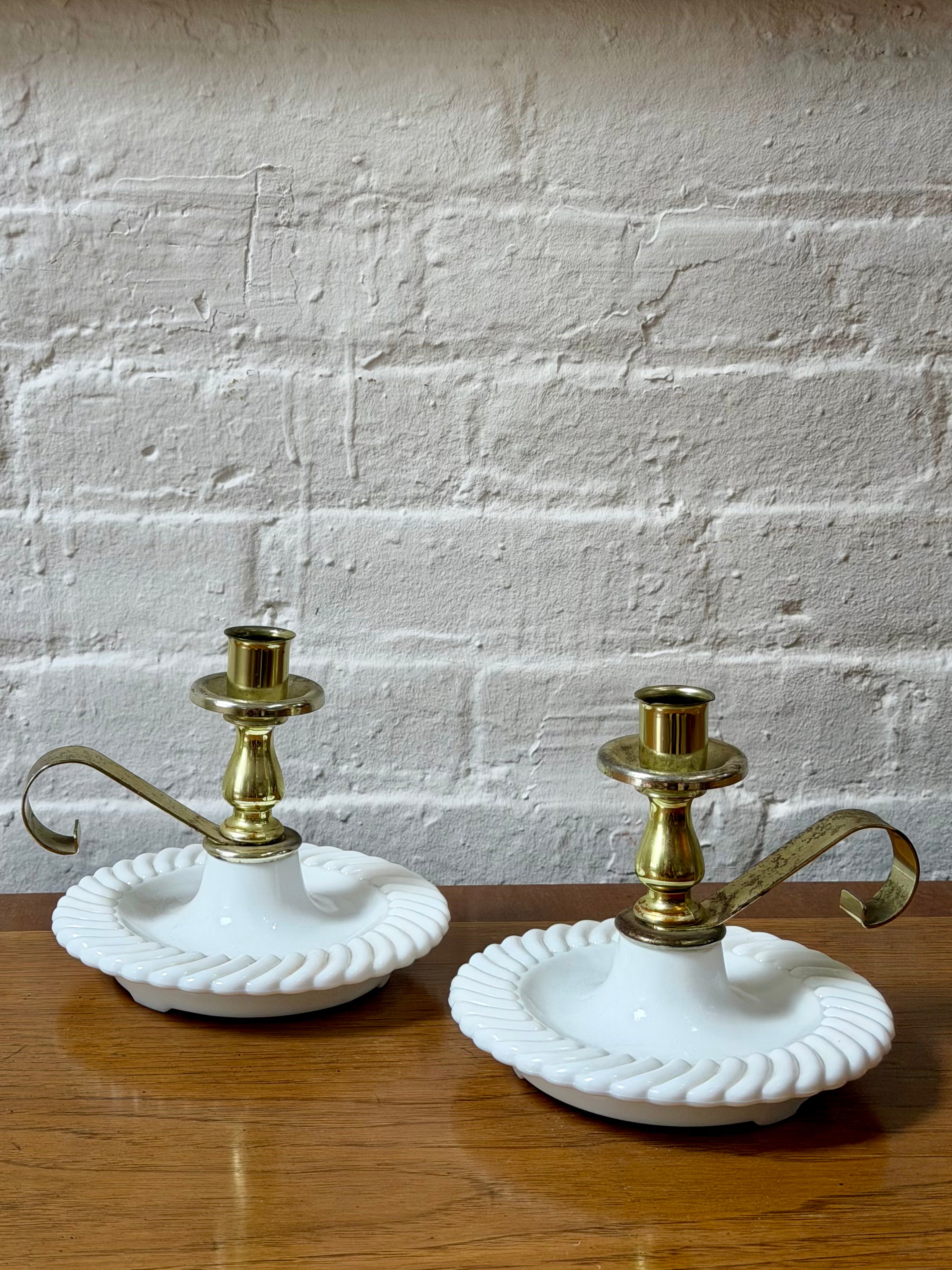 Milk Glass and Brass Chamberstick Candle Holder