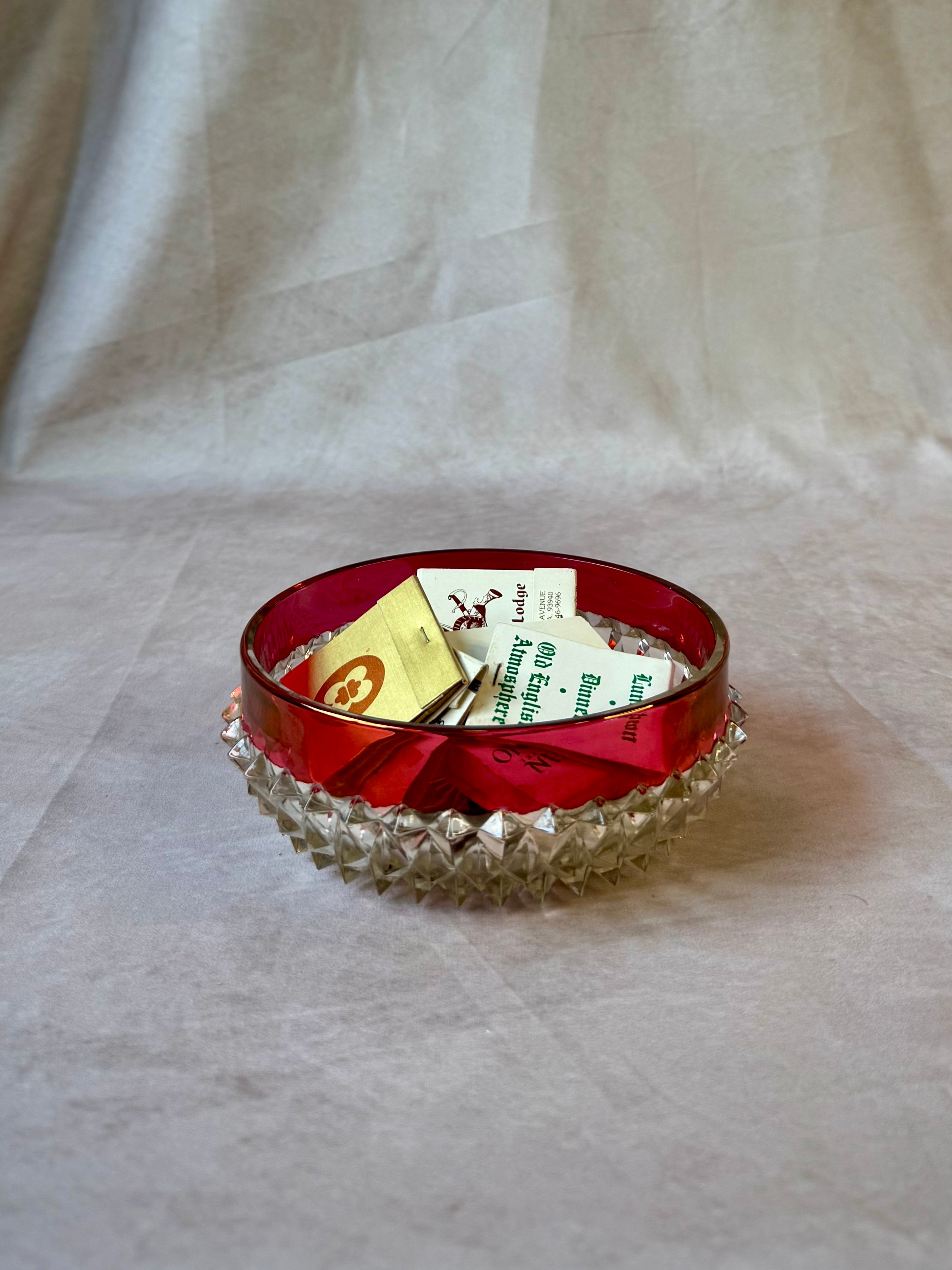Vintage Indiana Glass Diamond Point Cranberry Rim Dish