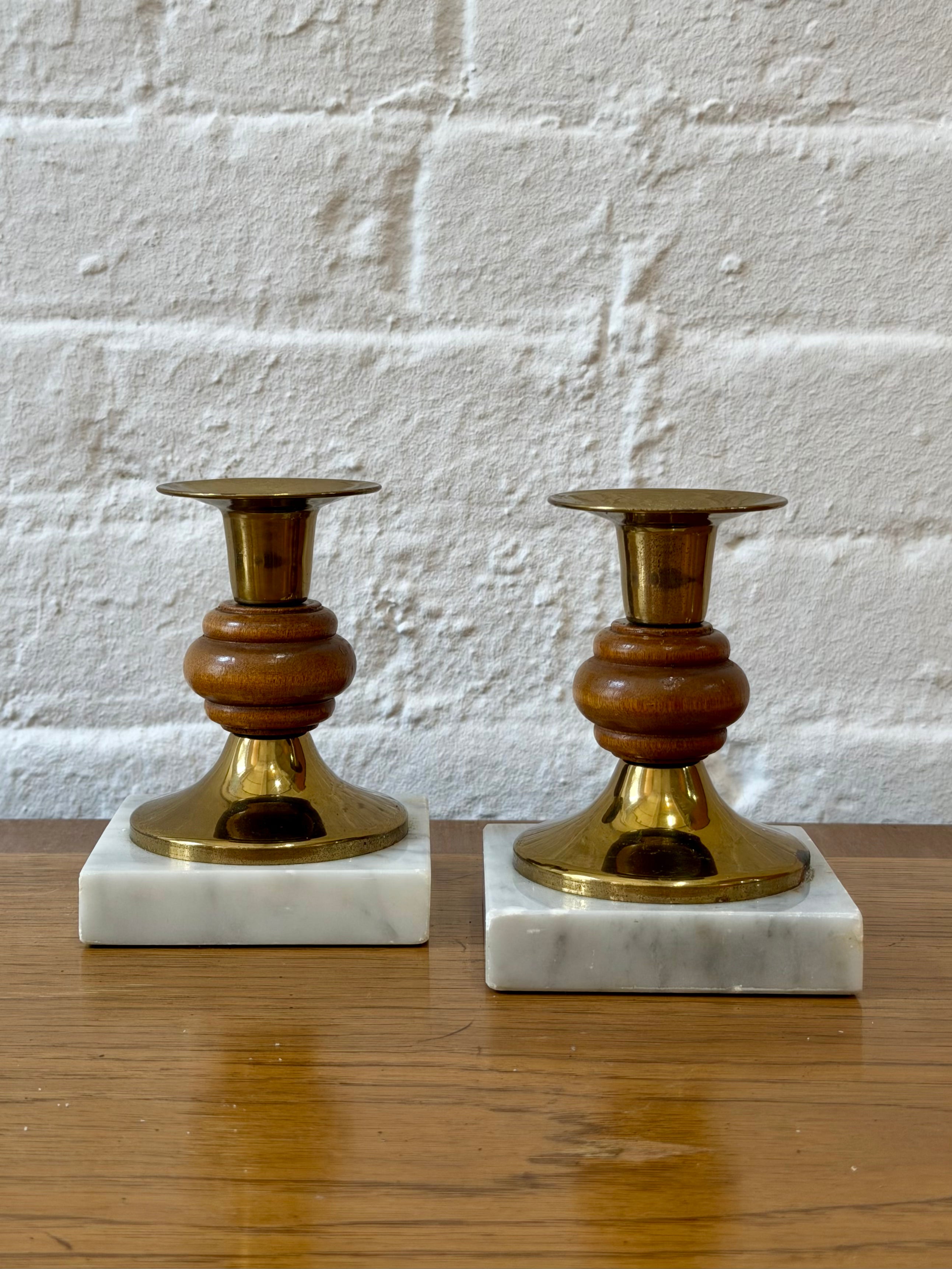 Mid Century Marble Base Polished Brass Taper Candlestick Holders