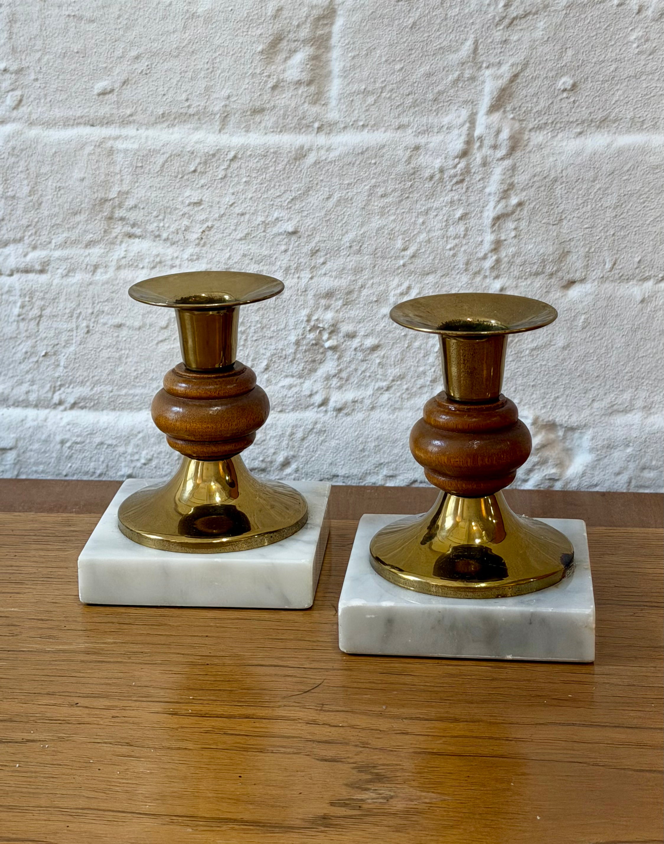 Mid Century Marble Base Polished Brass Taper Candlestick Holders