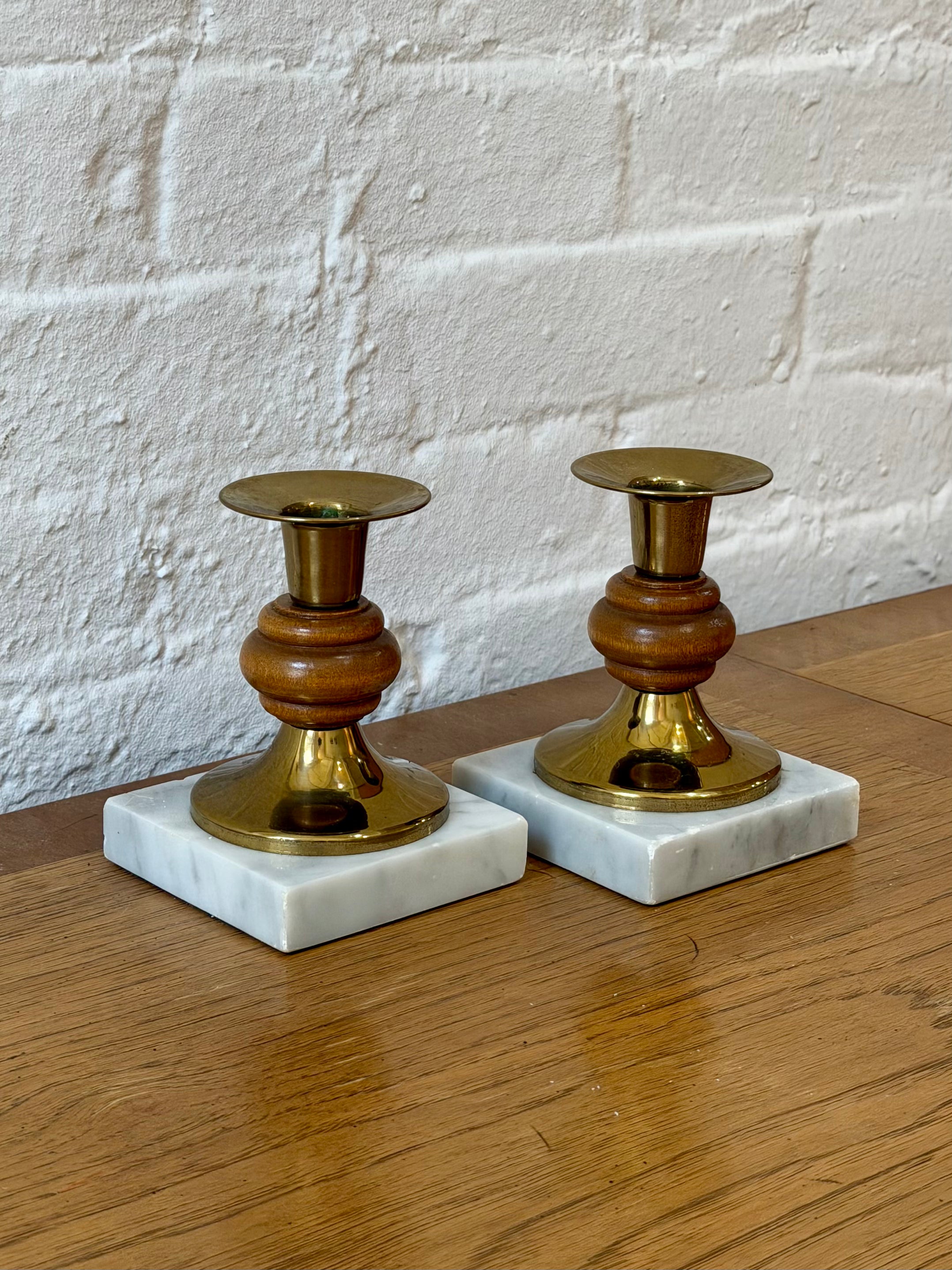 Mid Century Marble Base Polished Brass Taper Candlestick Holders