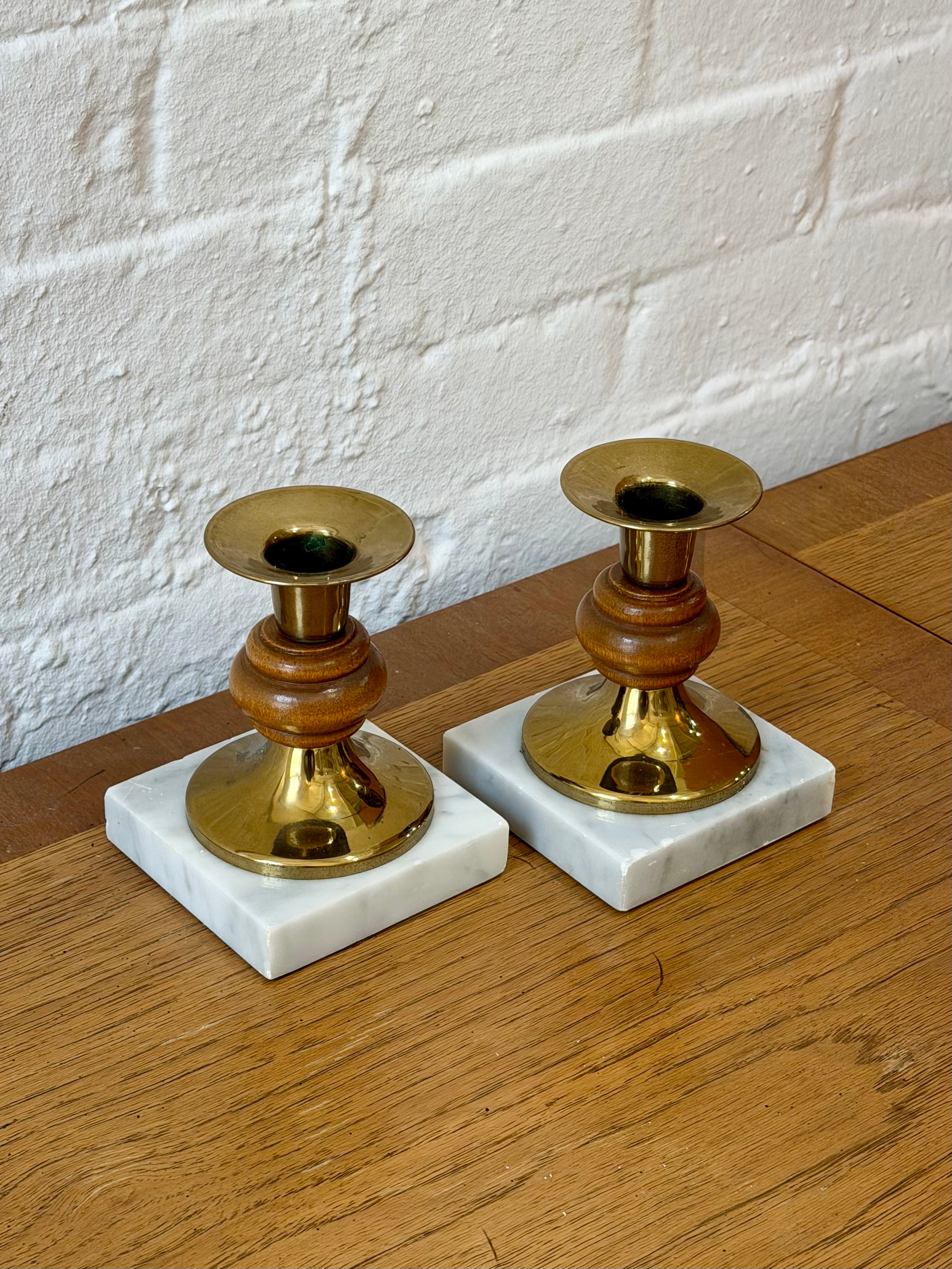 Mid Century Marble Base Polished Brass Taper Candlestick Holders