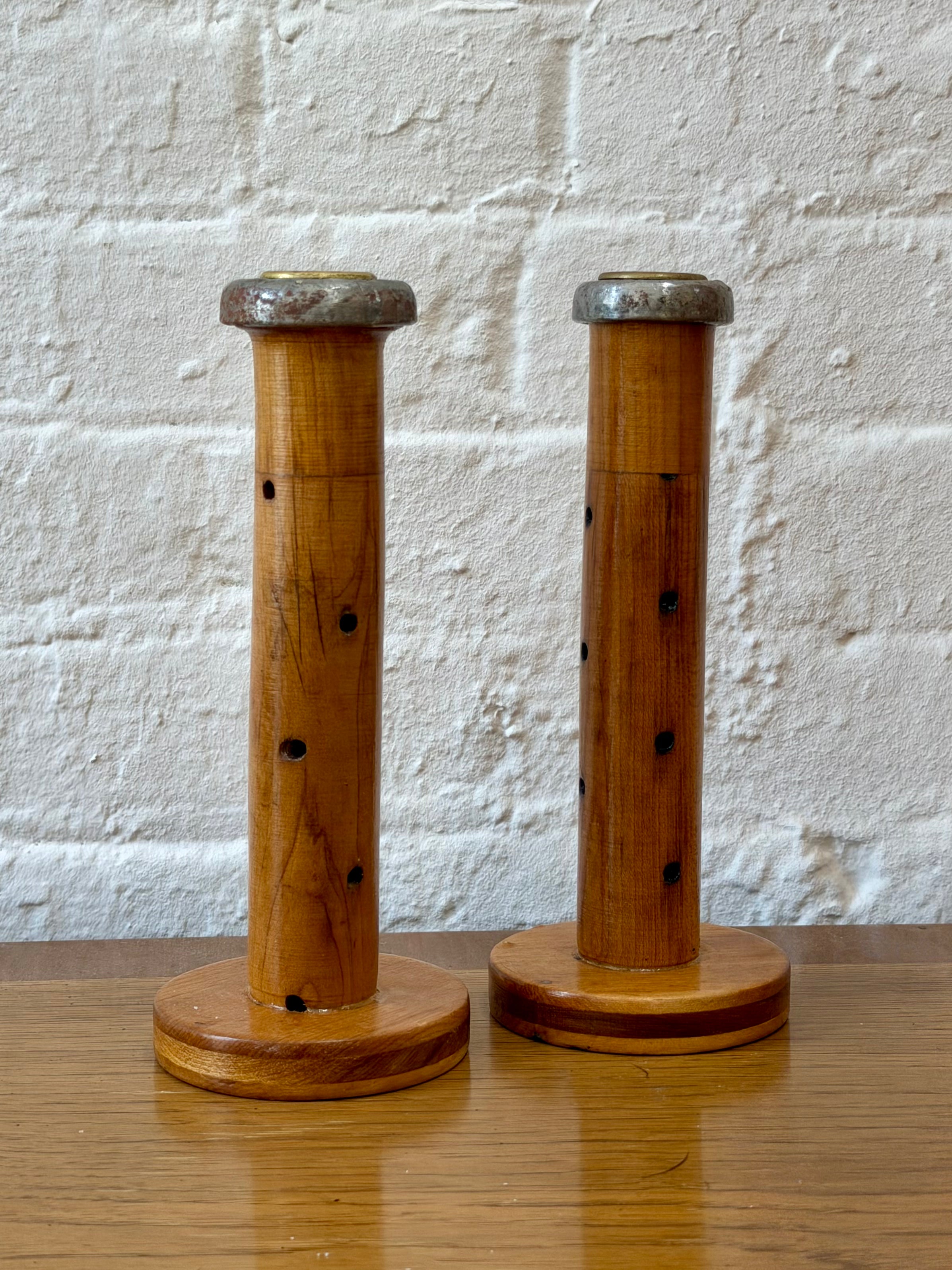 Antique Industrial Wooden Spool Taper Candlestick Holders