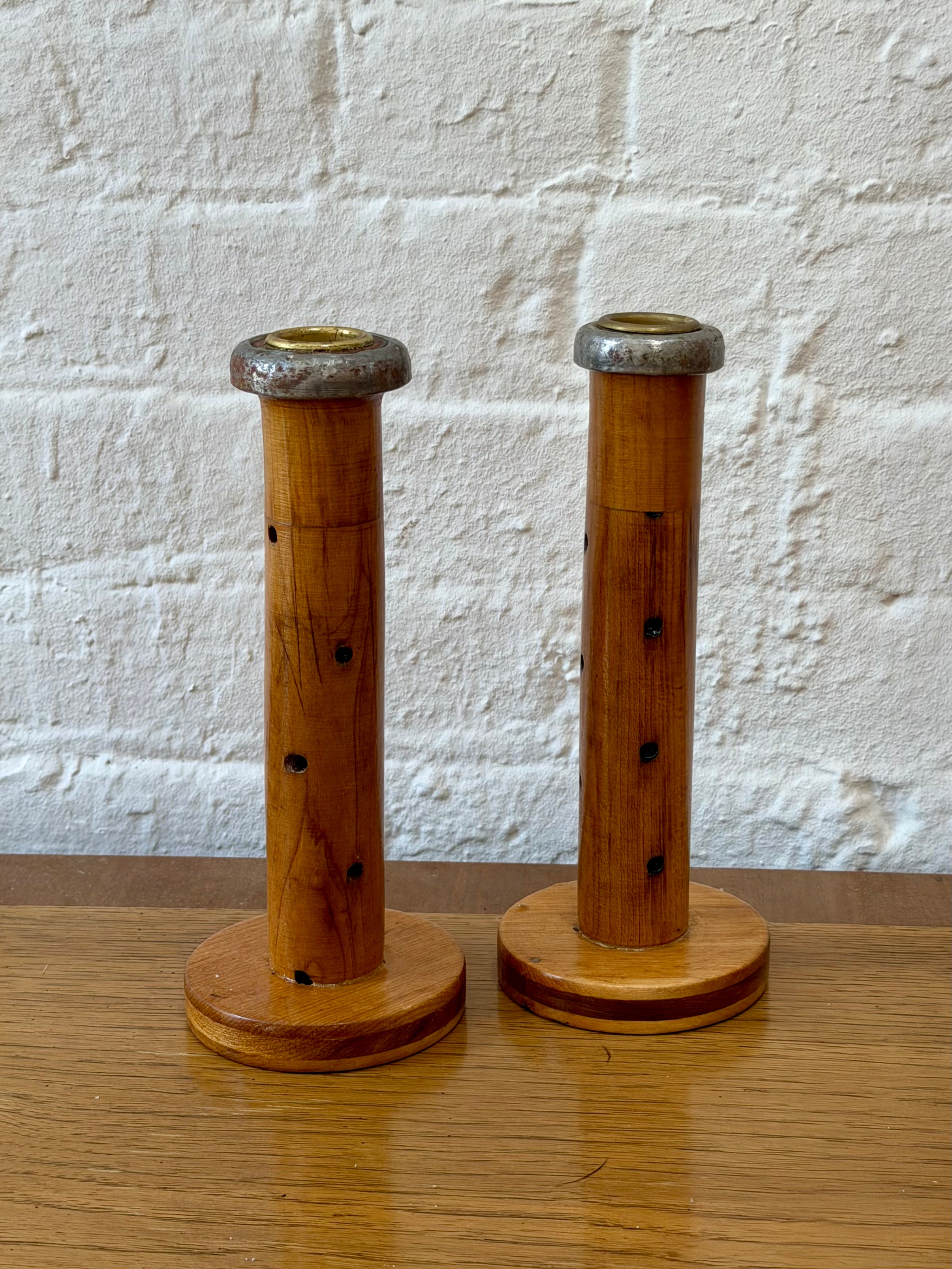 Antique Industrial Wooden Spool Taper Candlestick Holders
