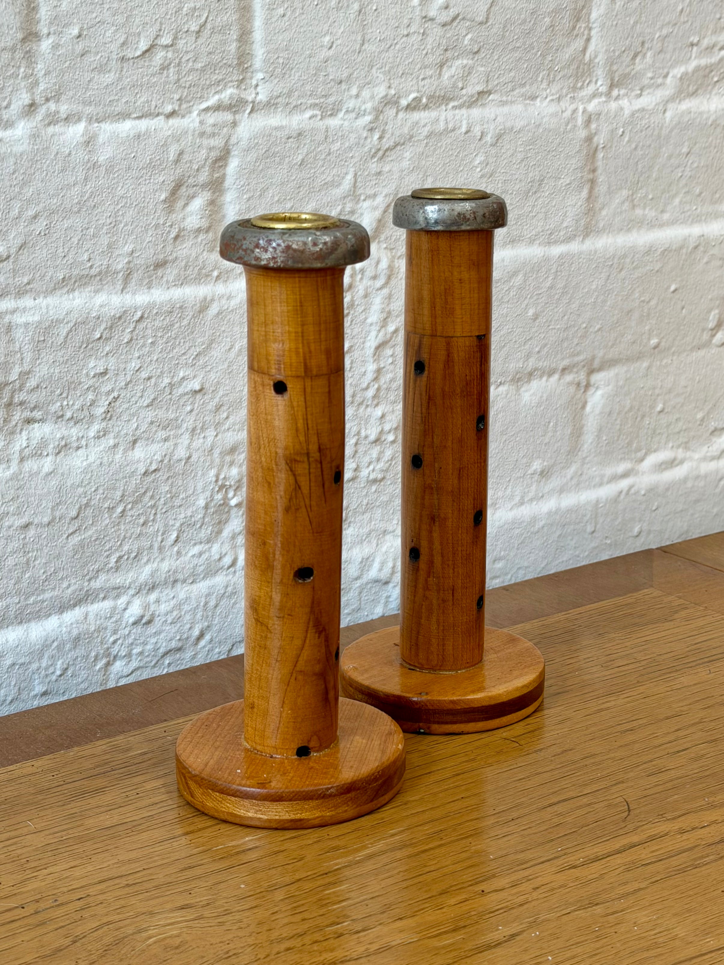 Antique Industrial Wooden Spool Taper Candlestick Holders