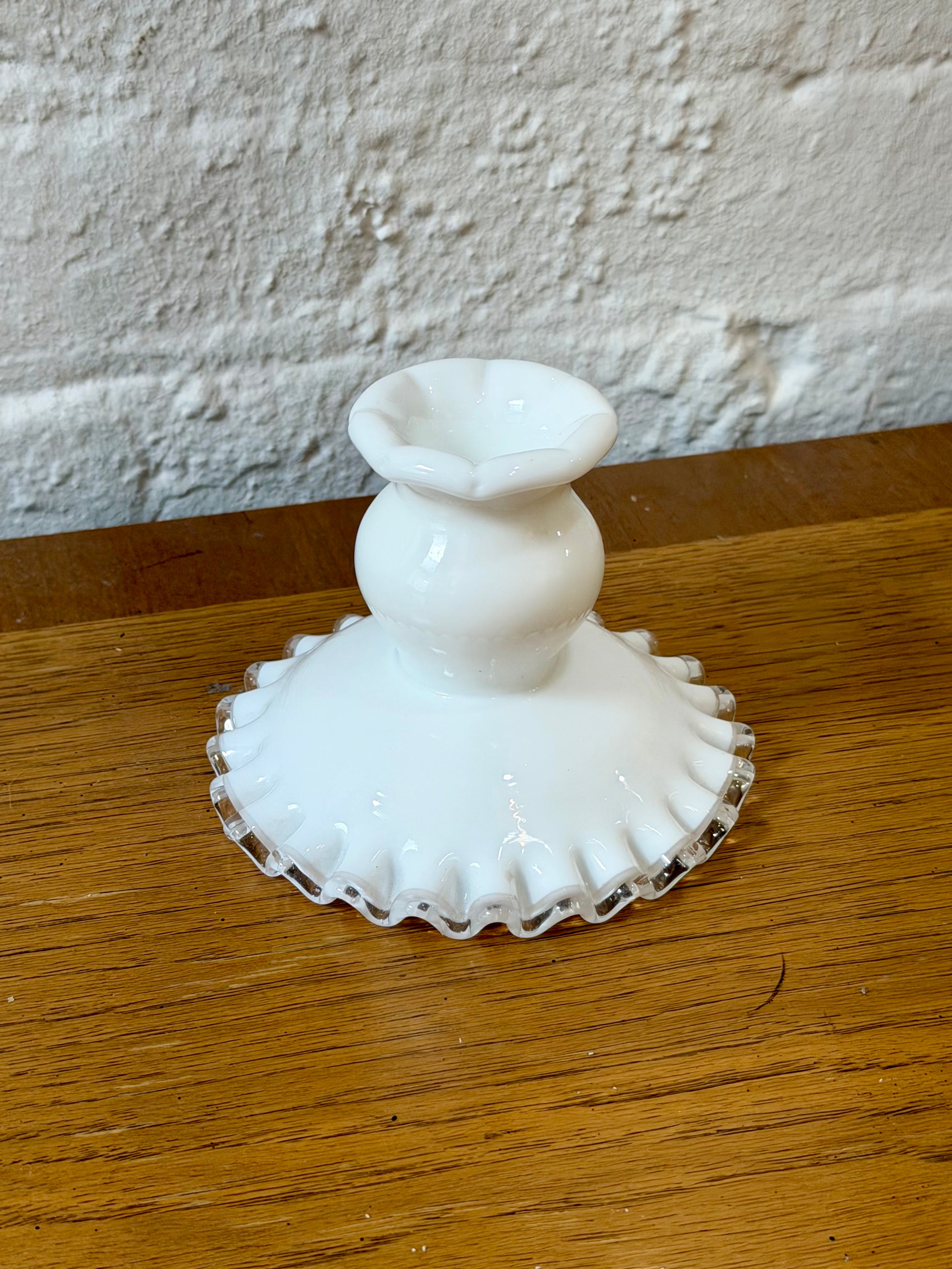 Fenton Milk Glass Ruffle Rim Taper Candlestick Holder