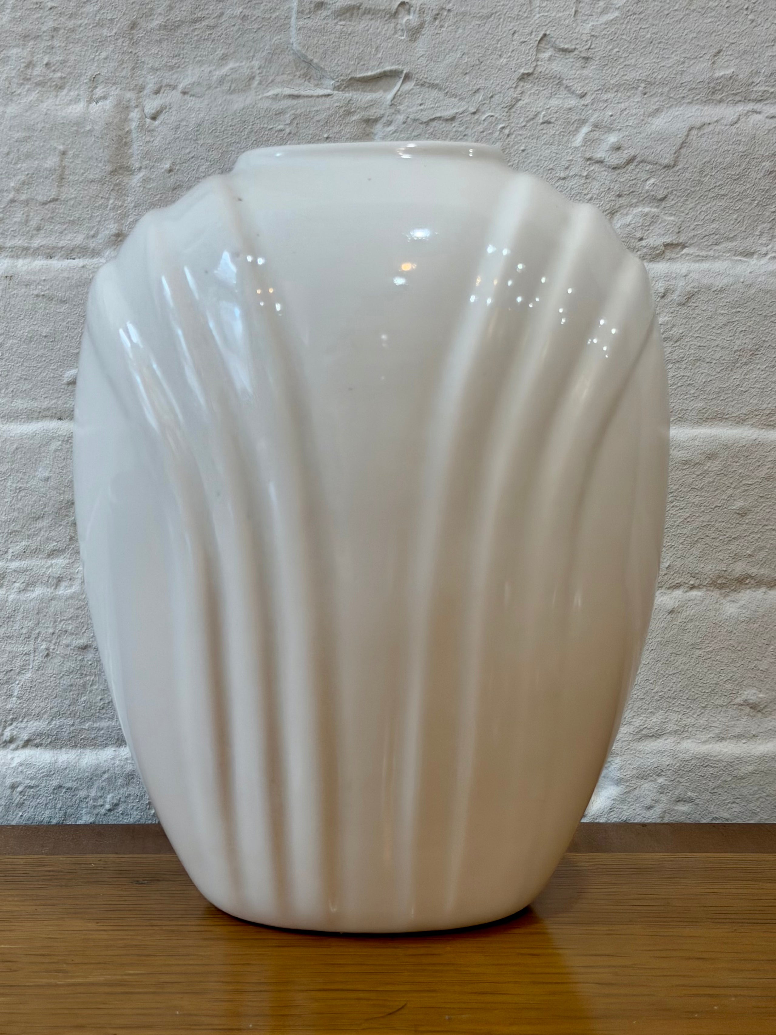 Art Deco Revival Style Glossy White Ceramic Fluted Vase