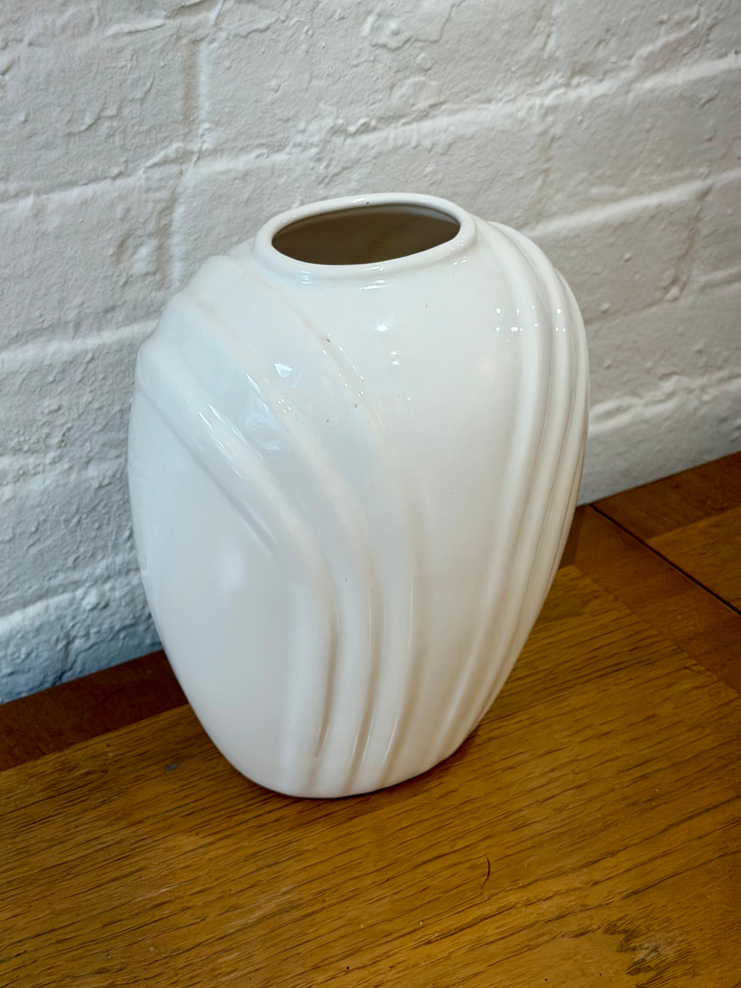 Art Deco Revival Style Glossy White Ceramic Fluted Vase