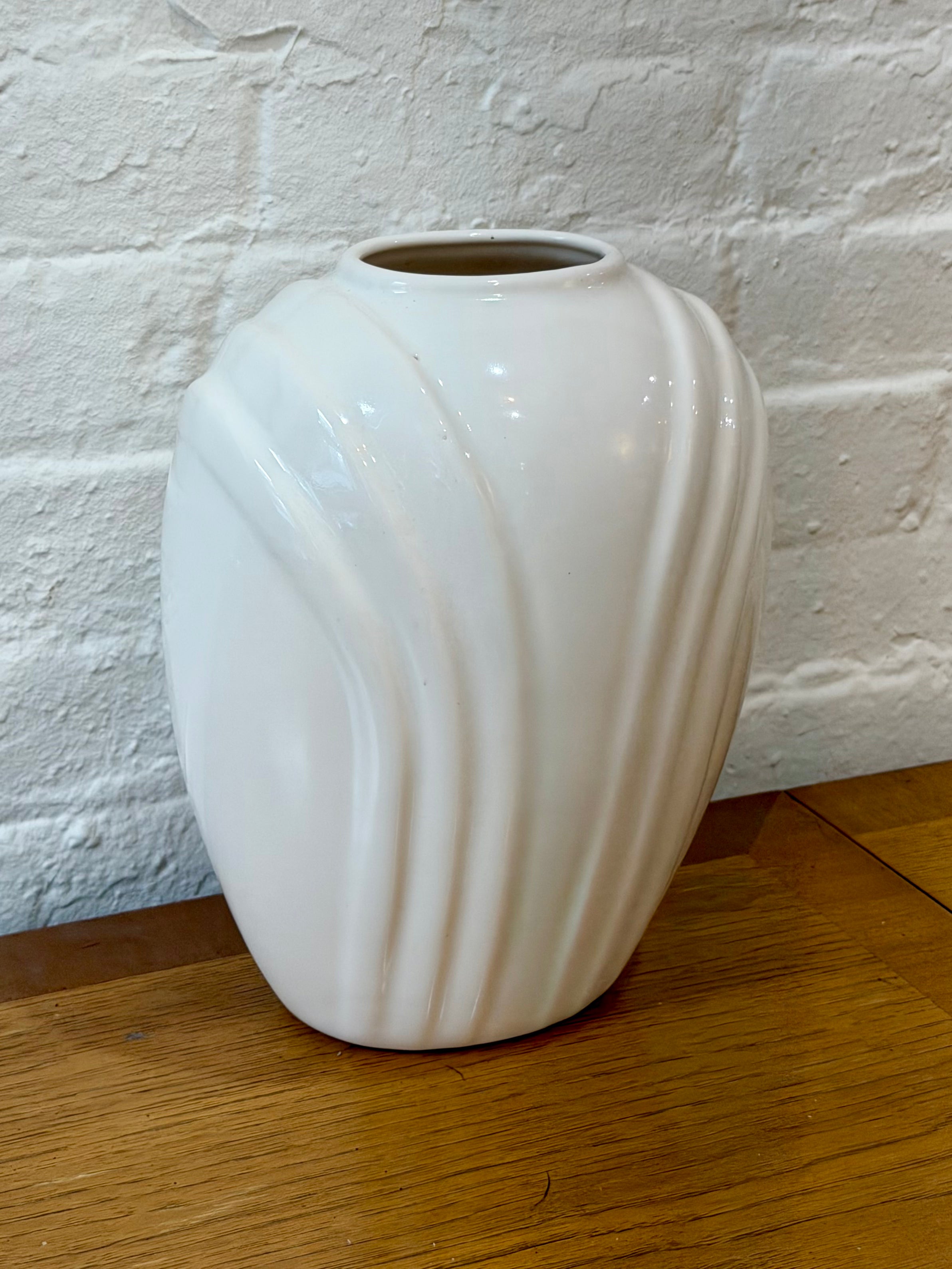 Art Deco Revival Style Glossy White Ceramic Fluted Vase