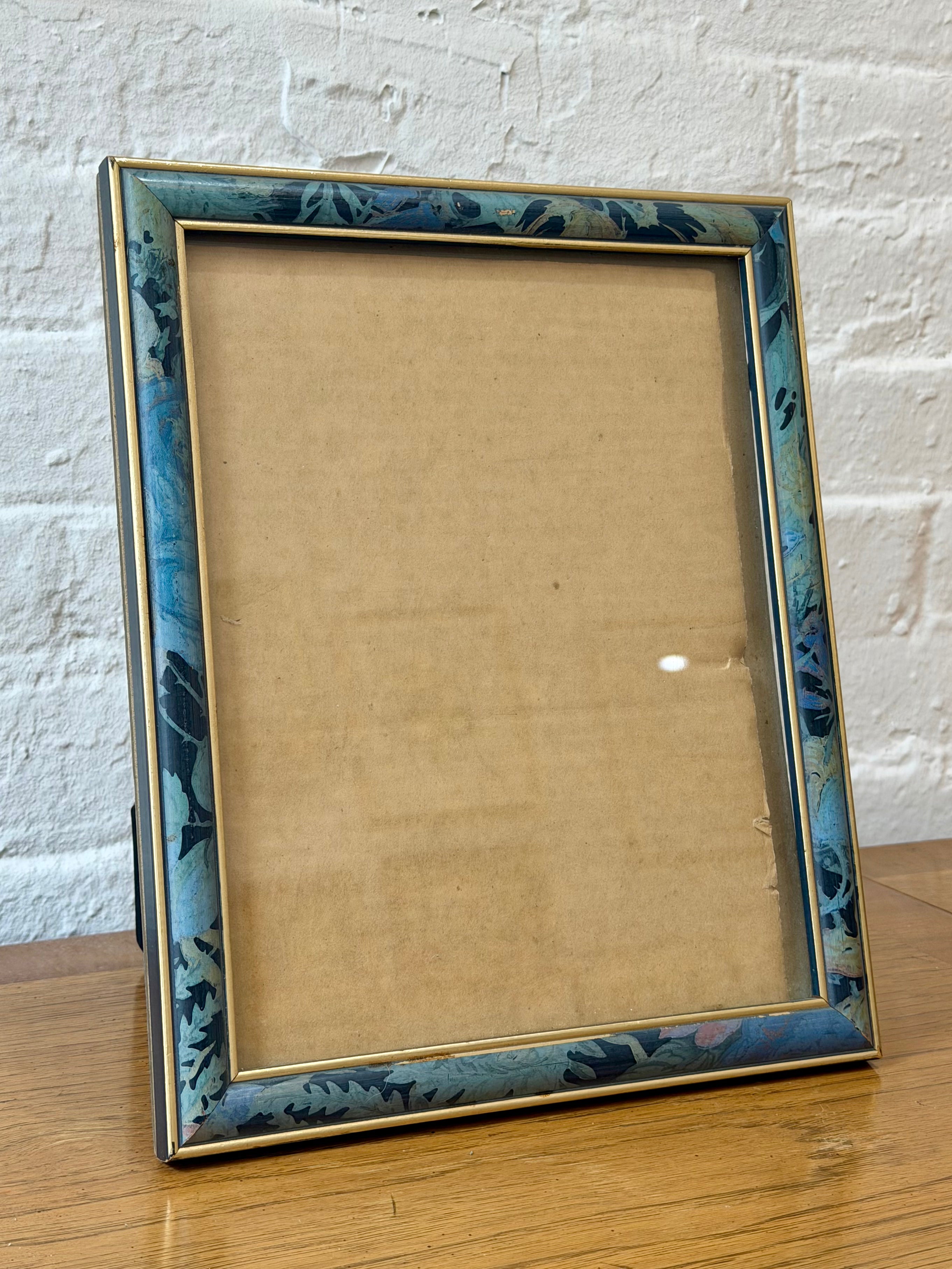 1980s Blue Floral Tapestry Style Gold Trimmed Picture Frame