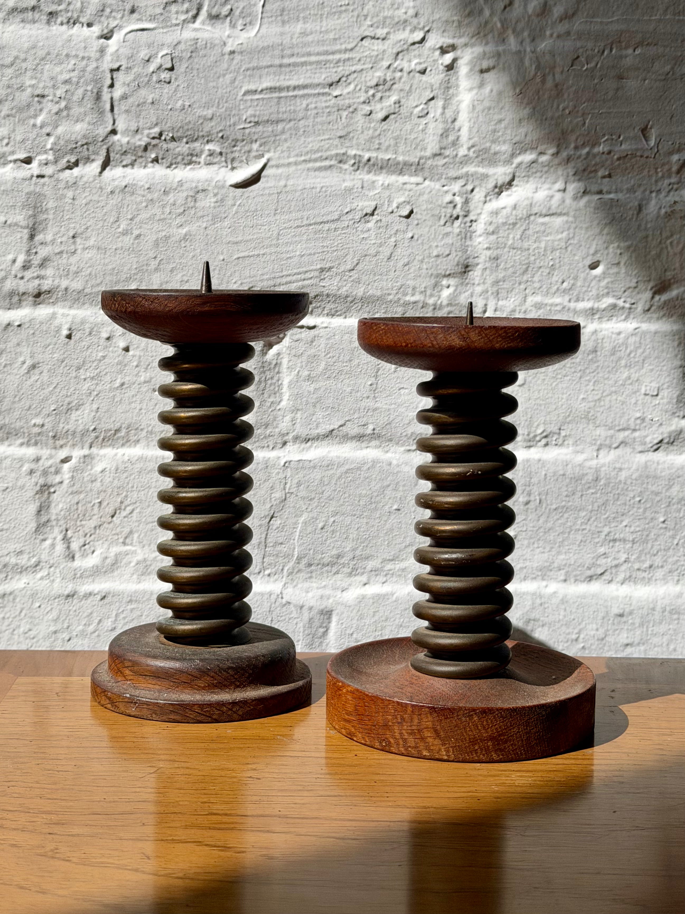 Pair of Handcrafted Wooden Candle Holders with Turned Screw Column