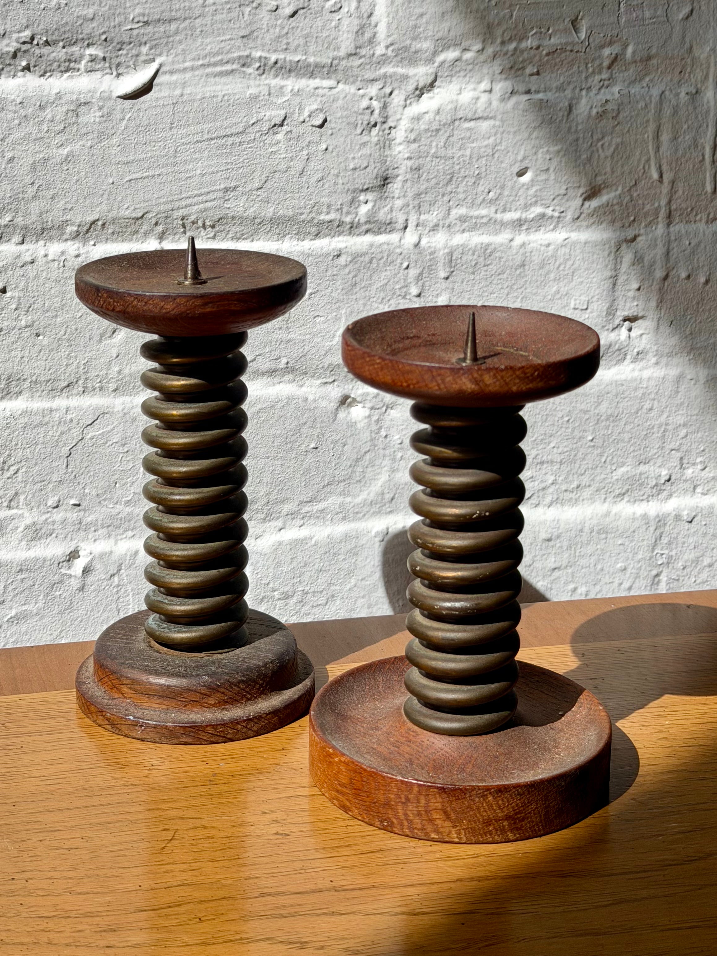 Pair of Handcrafted Wooden Candle Holders with Turned Screw Column