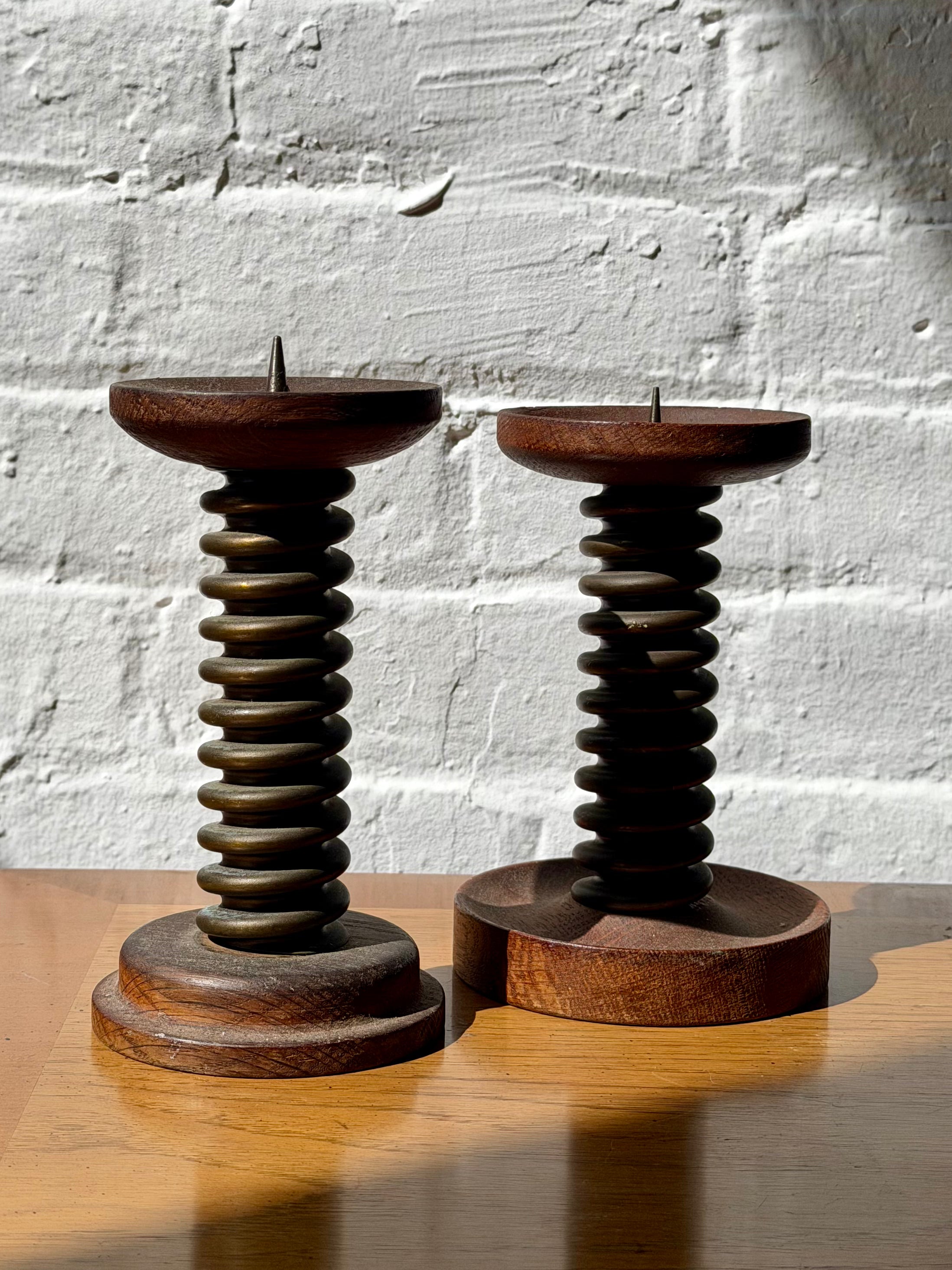 Pair of Handcrafted Wooden Candle Holders with Turned Screw Column