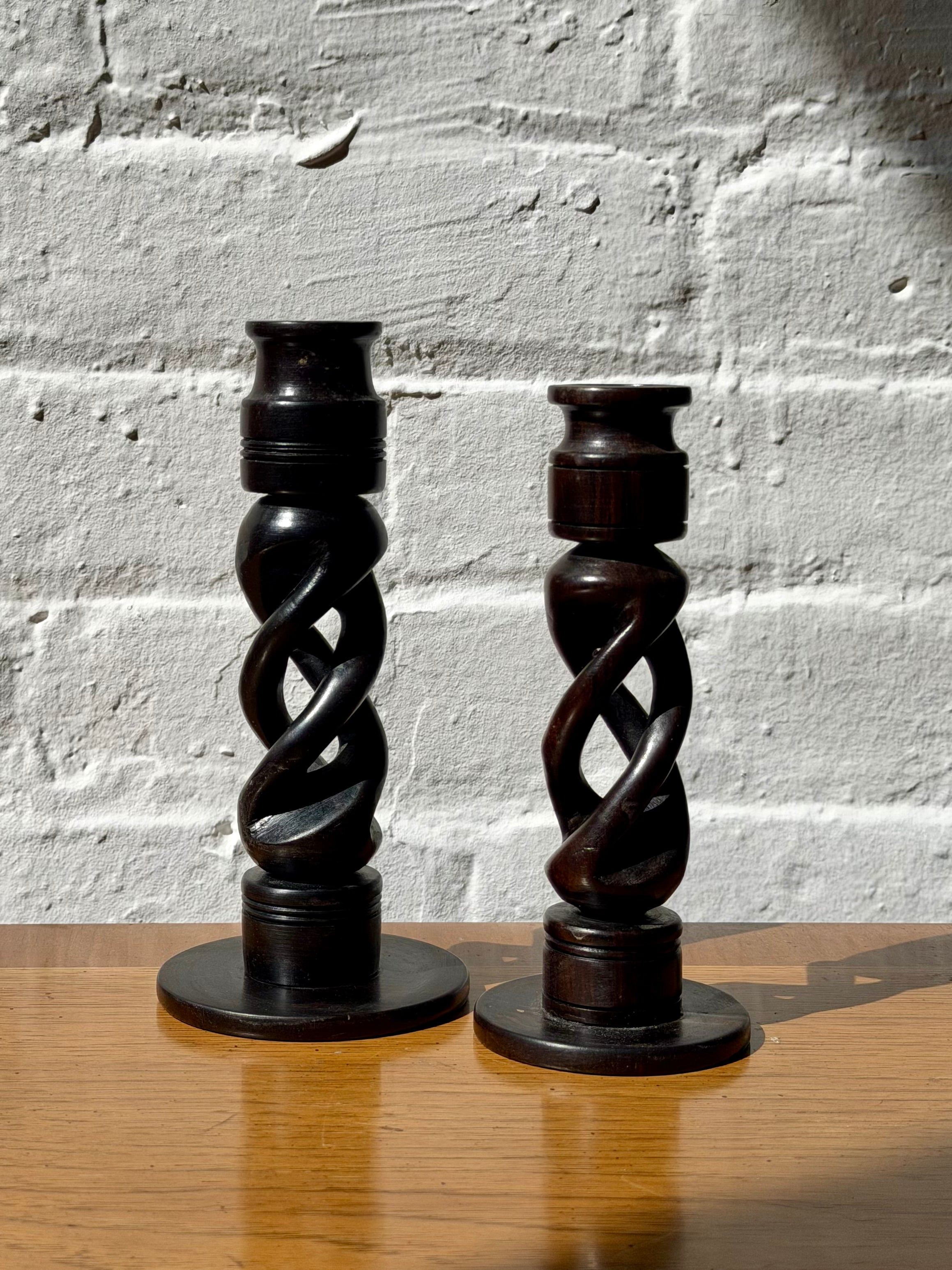 Pair of Ebony Wood Twist Stem Taper Candle Holders