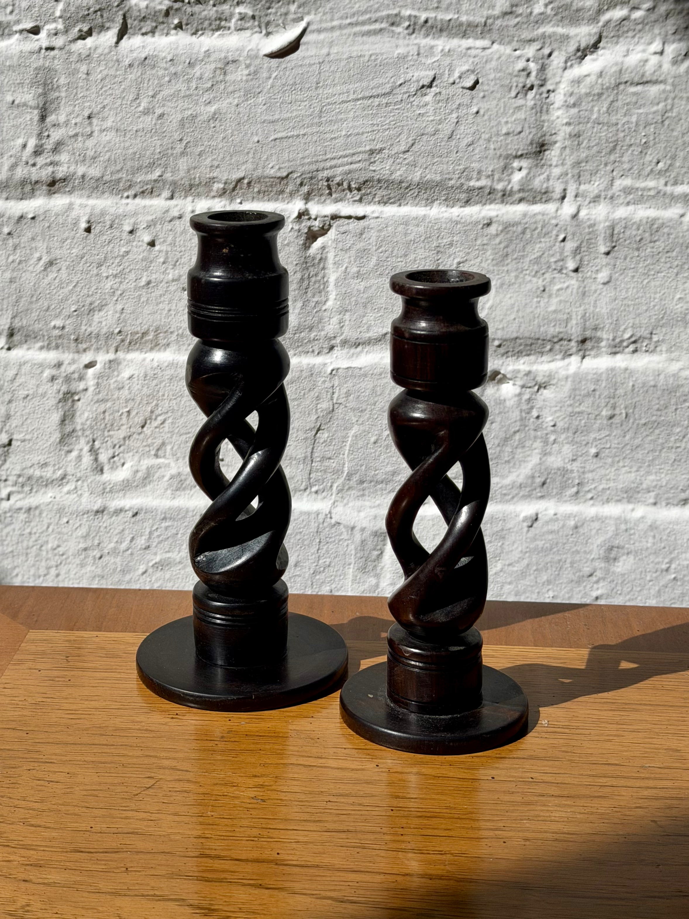 Pair of Ebony Wood Twist Stem Taper Candle Holders