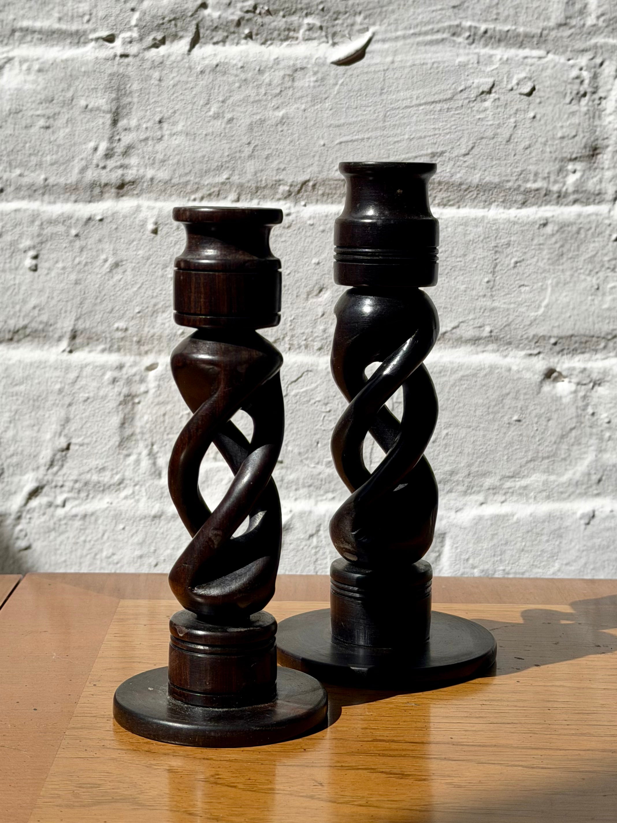 Pair of Ebony Wood Twist Stem Taper Candle Holders