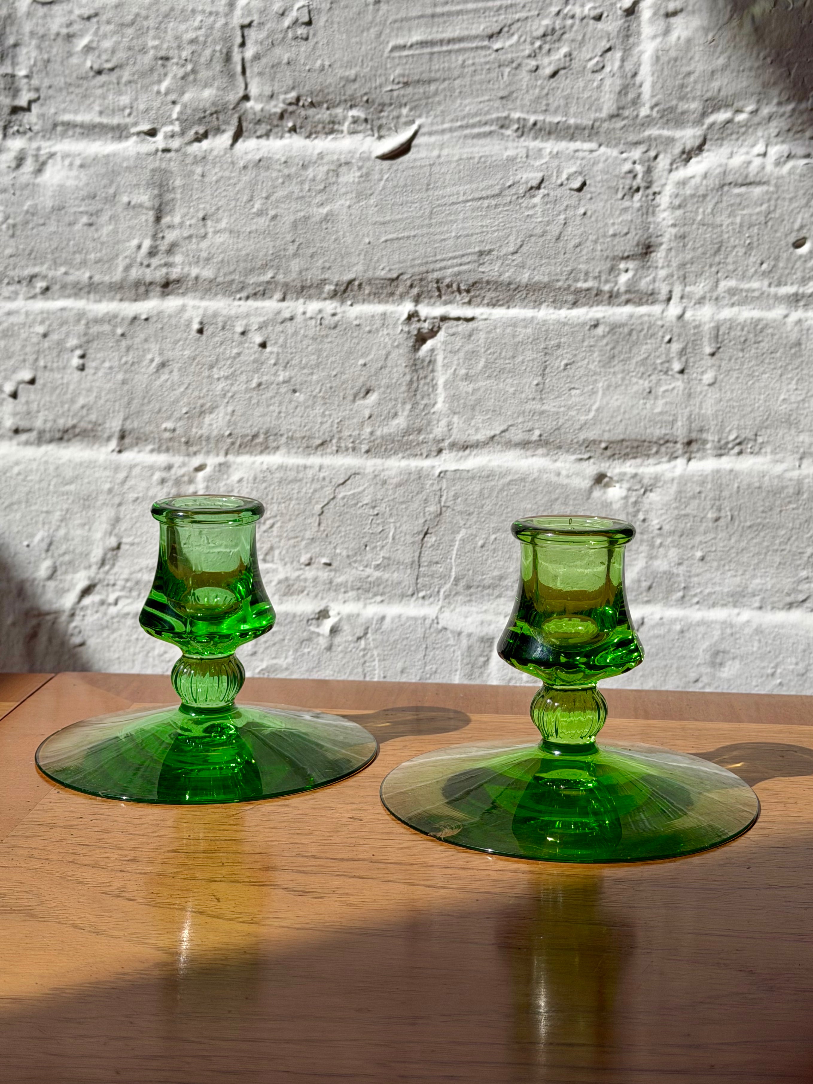 Mercury Green Glass Ribbed Taper Candlestick Holders