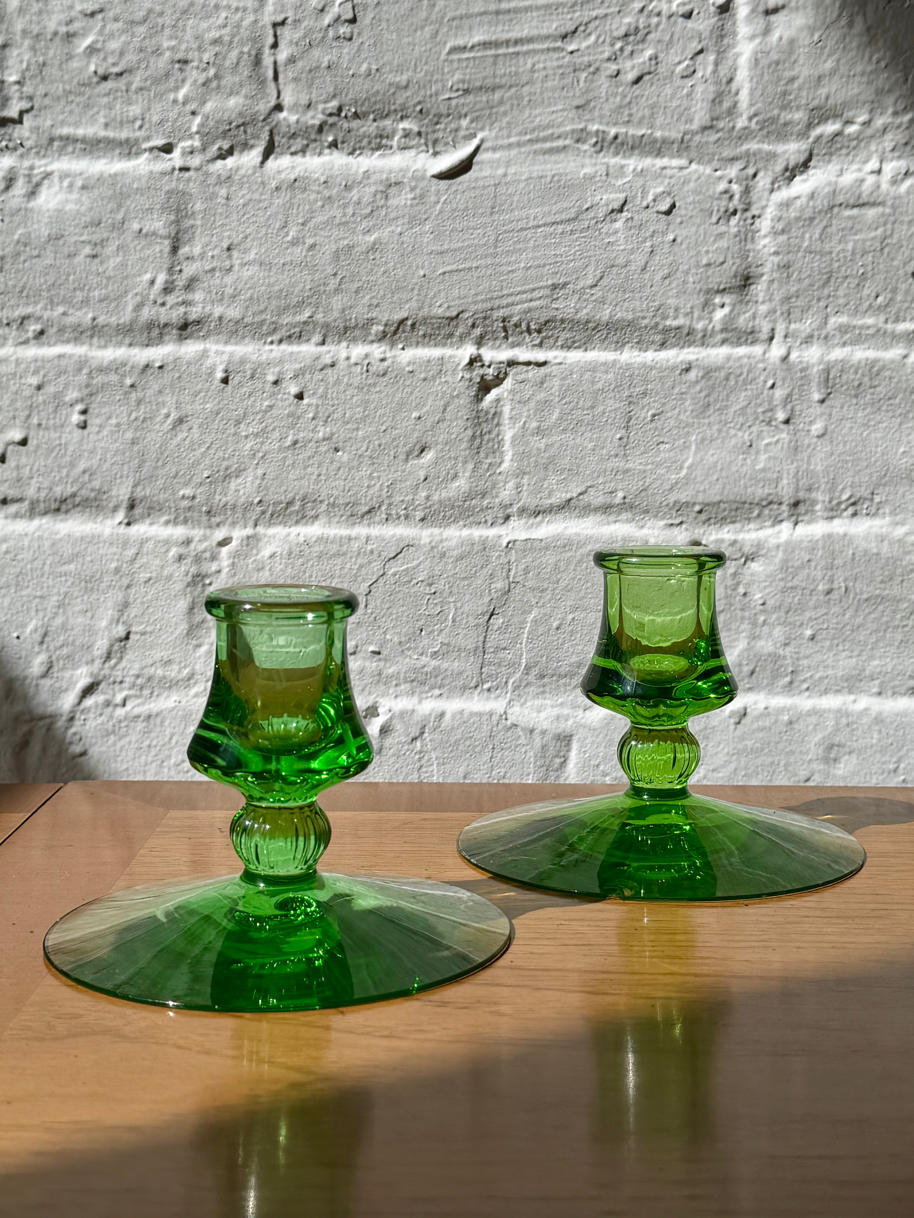 Mercury Green Glass Ribbed Taper Candlestick Holders