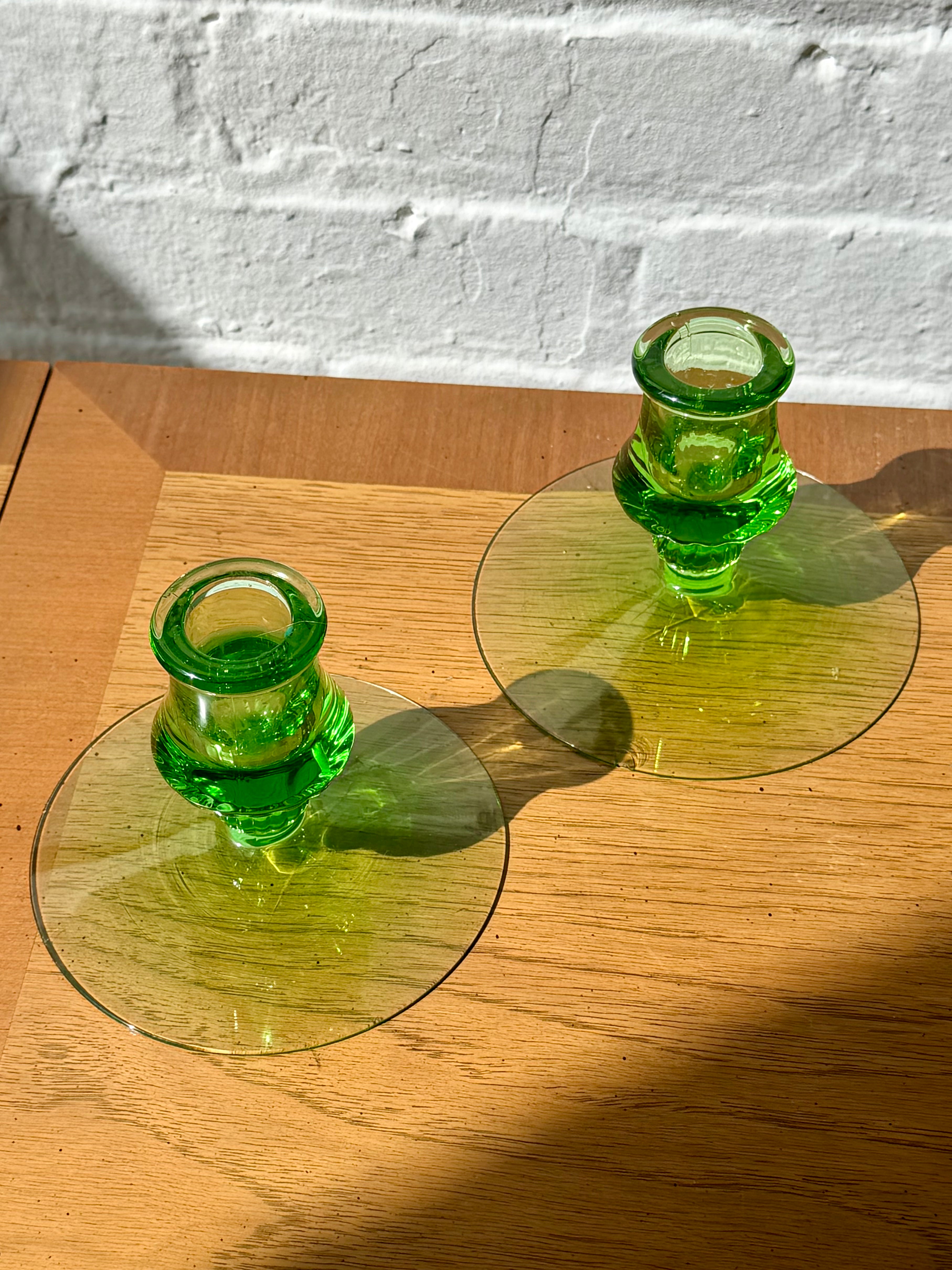 Mercury Green Glass Ribbed Taper Candlestick Holders