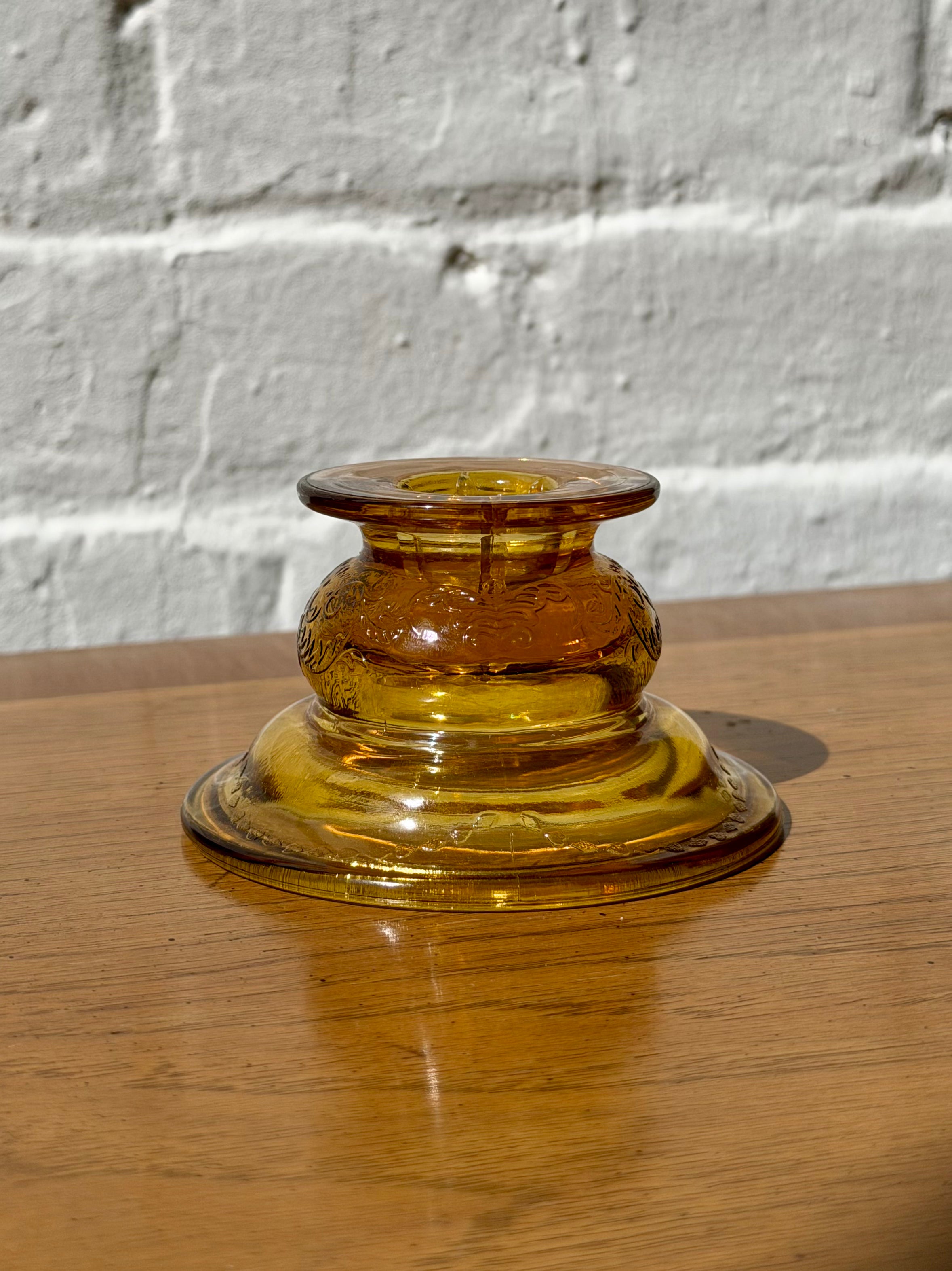 Etched Amber Glass Taper Candlestick Holder
