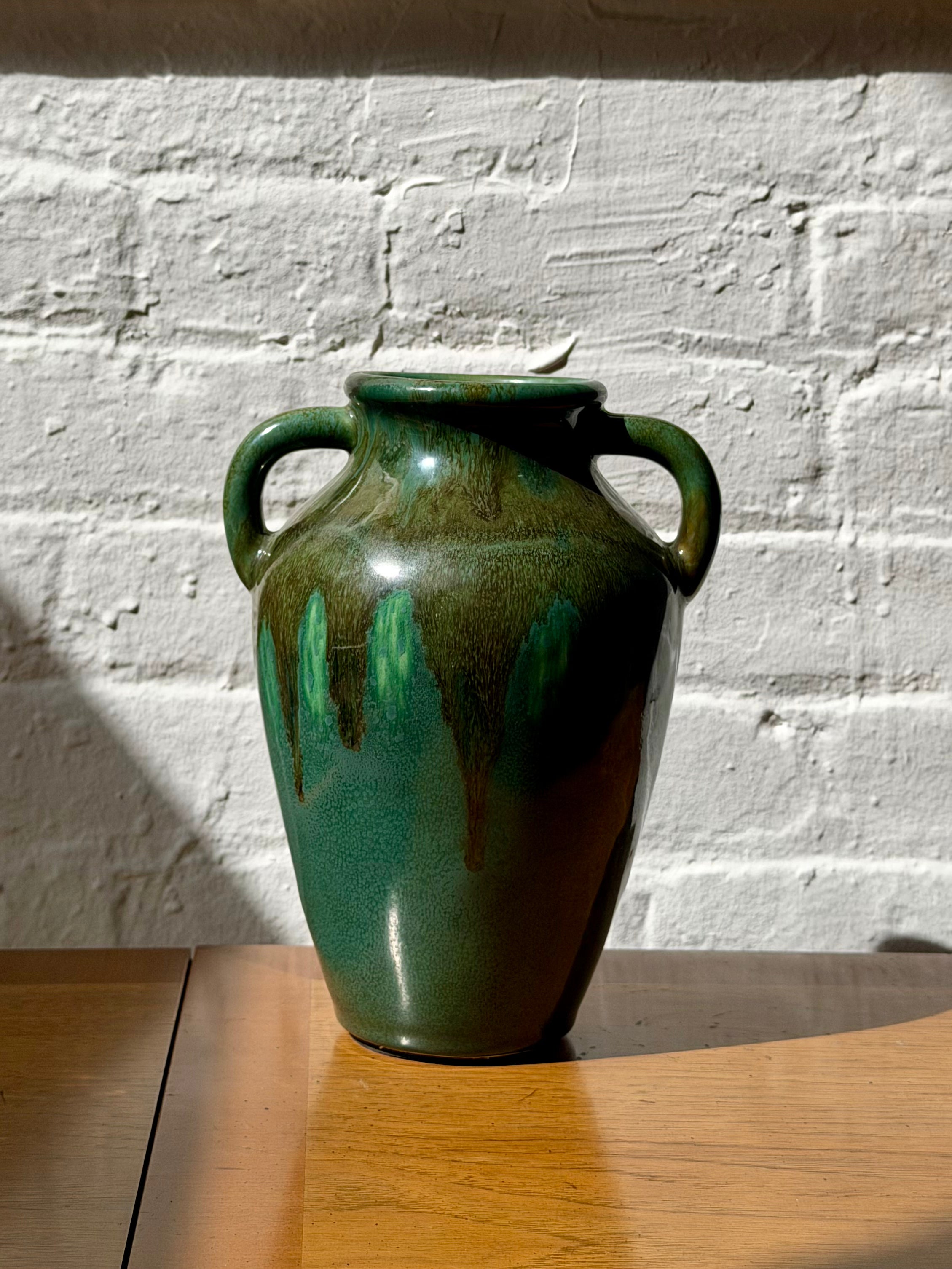 Ceramic Green Drip Glazed Dual Handled Vase