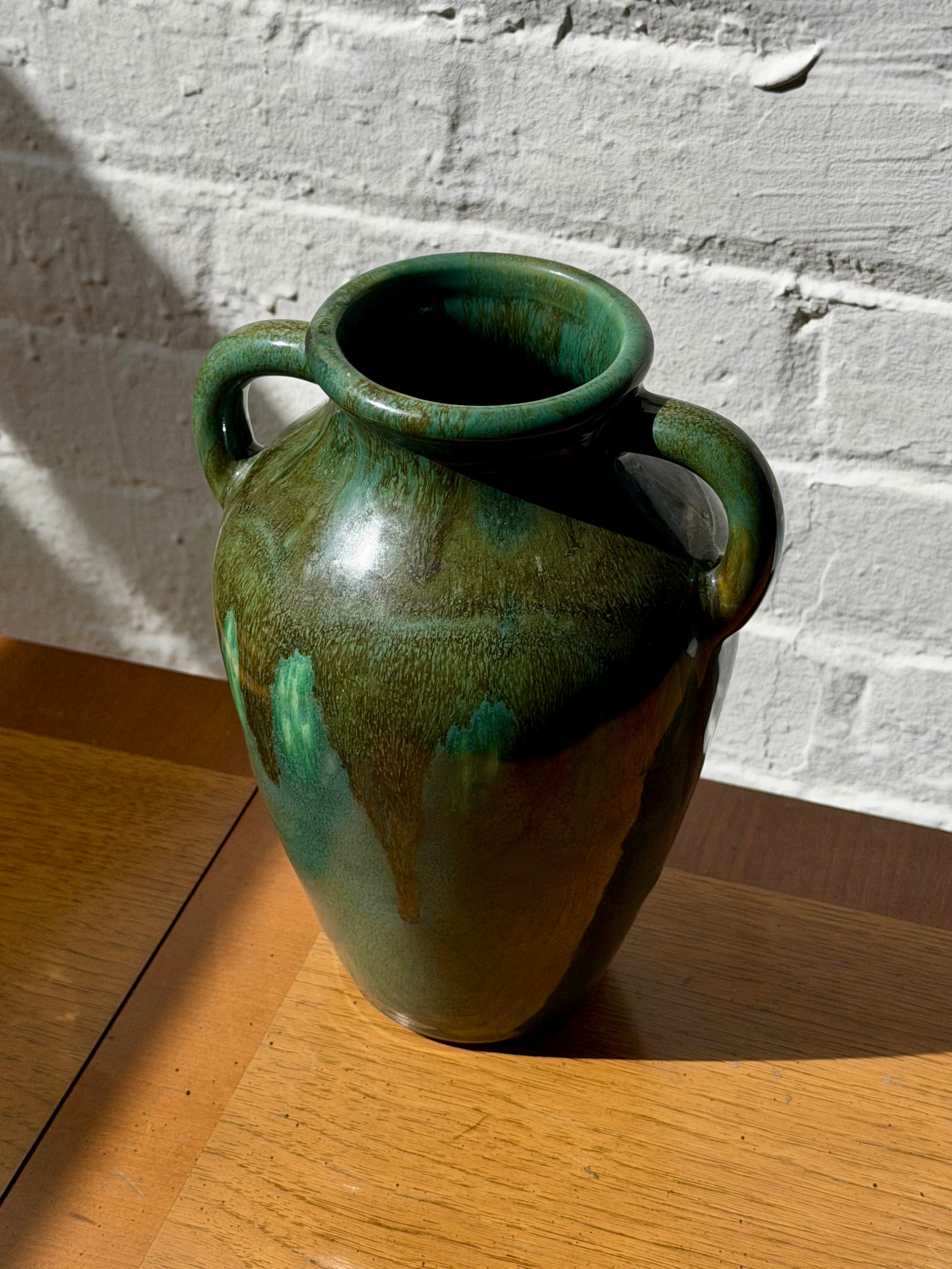 Ceramic Green Drip Glazed Dual Handled Vase