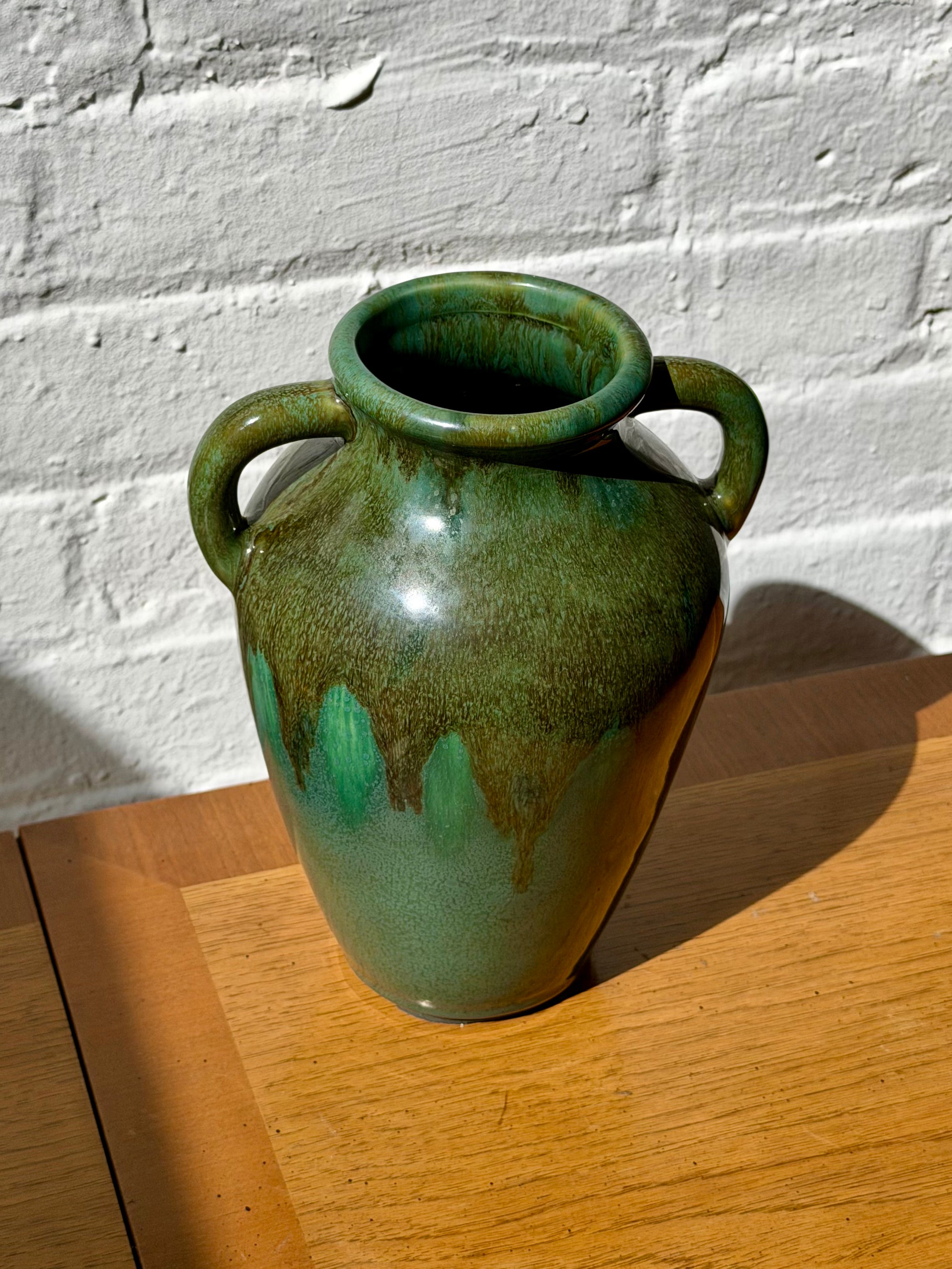 Ceramic Green Drip Glazed Dual Handled Vase