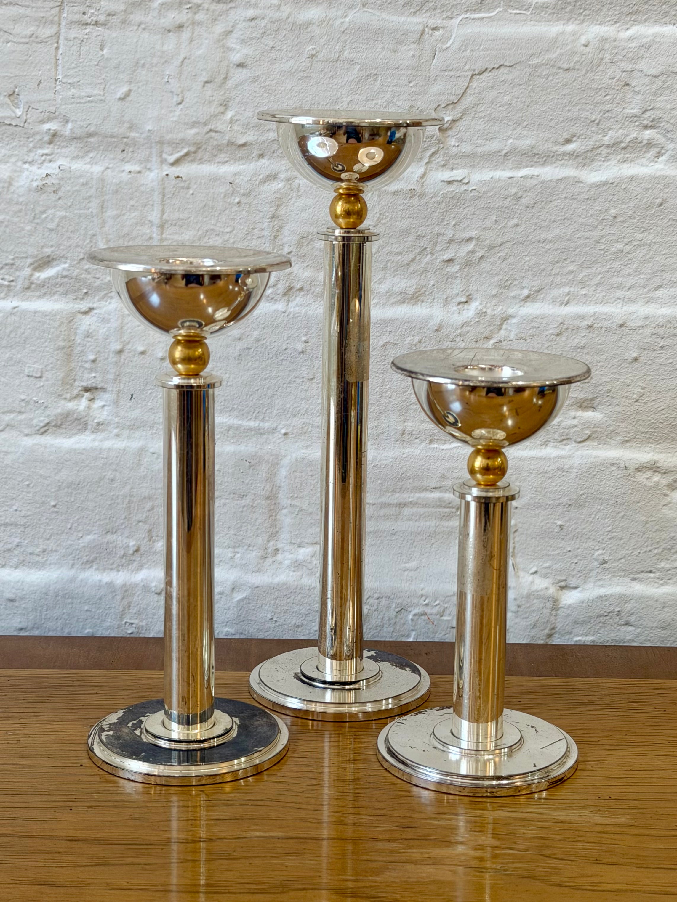 Trio of Silver Candlesticks with Brass Accent
