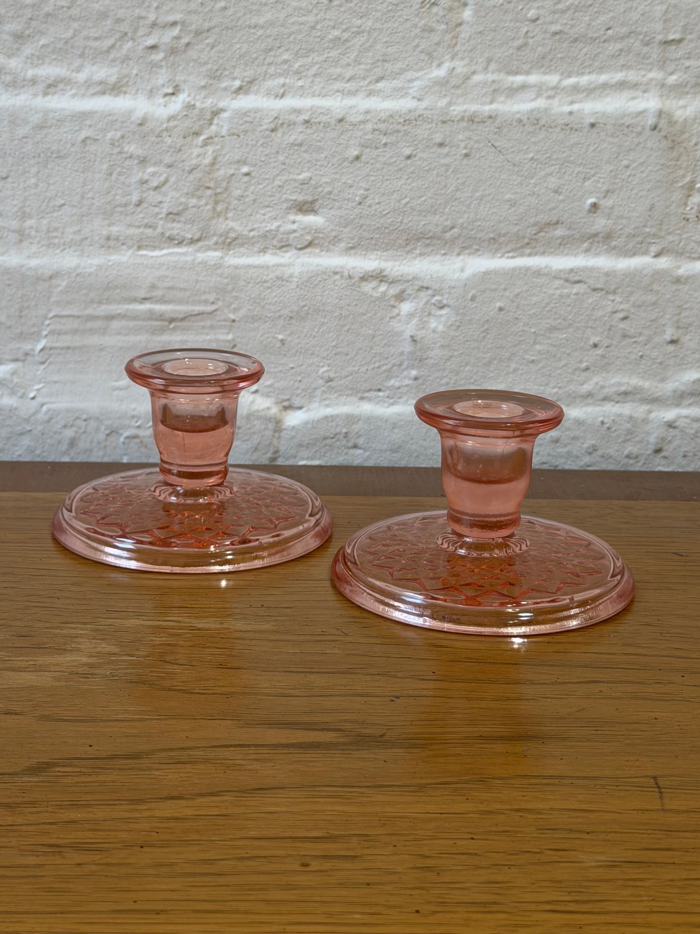 Depression Era Pink Glass Diamond Quilted Candlestick Holders
