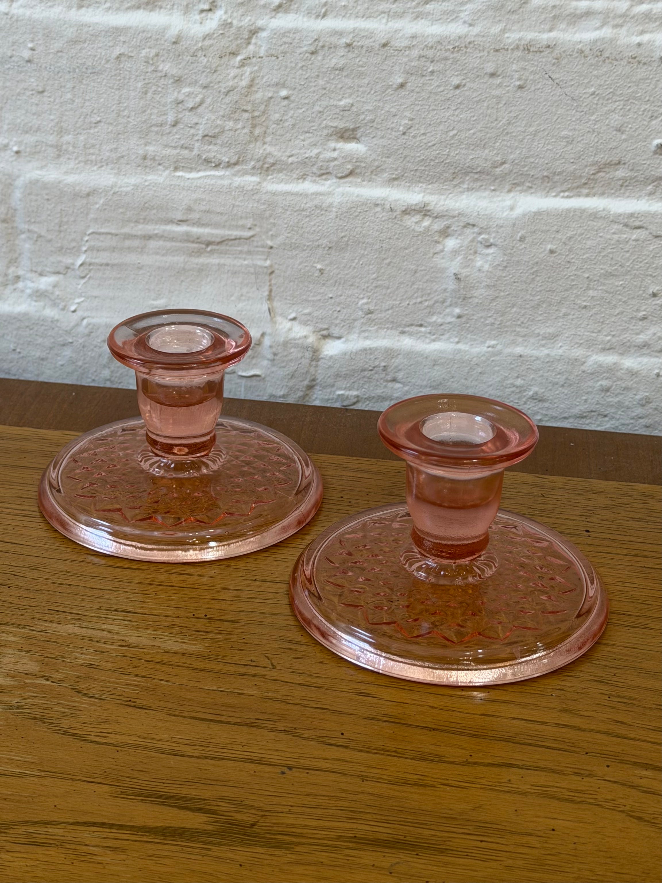 Depression Era Pink Glass Diamond Quilted Candlestick Holders