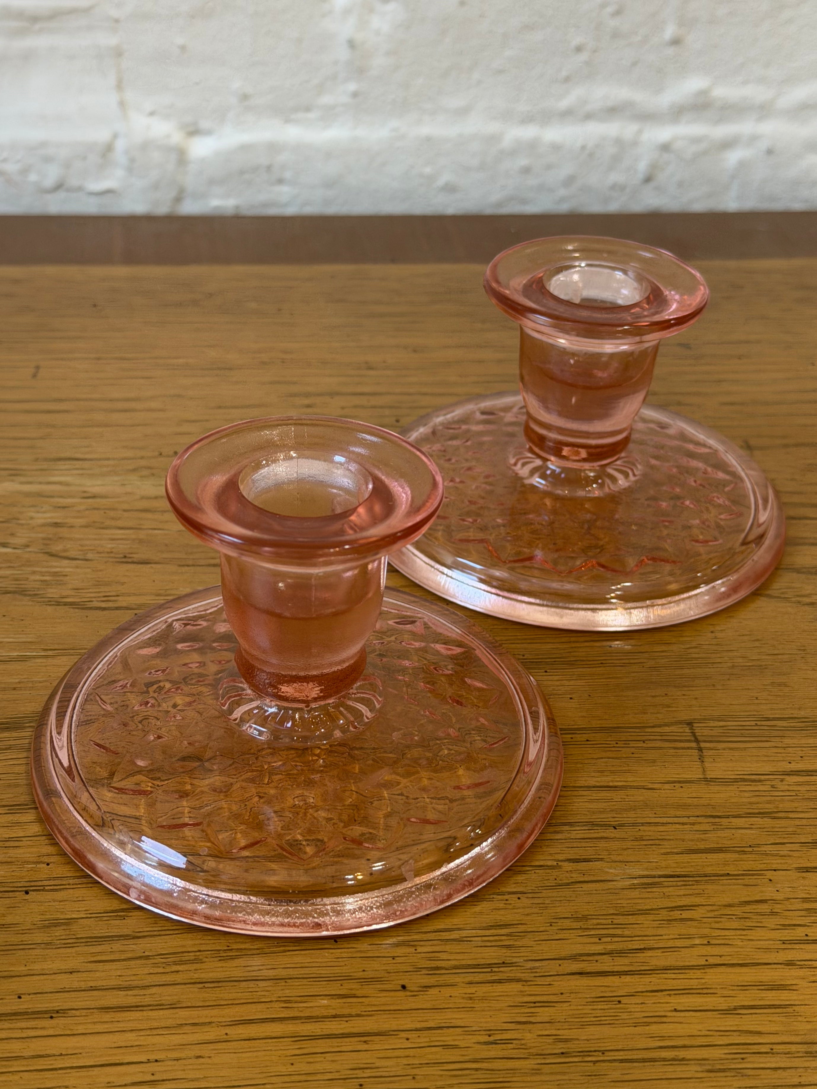 Depression Era Pink Glass Diamond Quilted Candlestick Holders