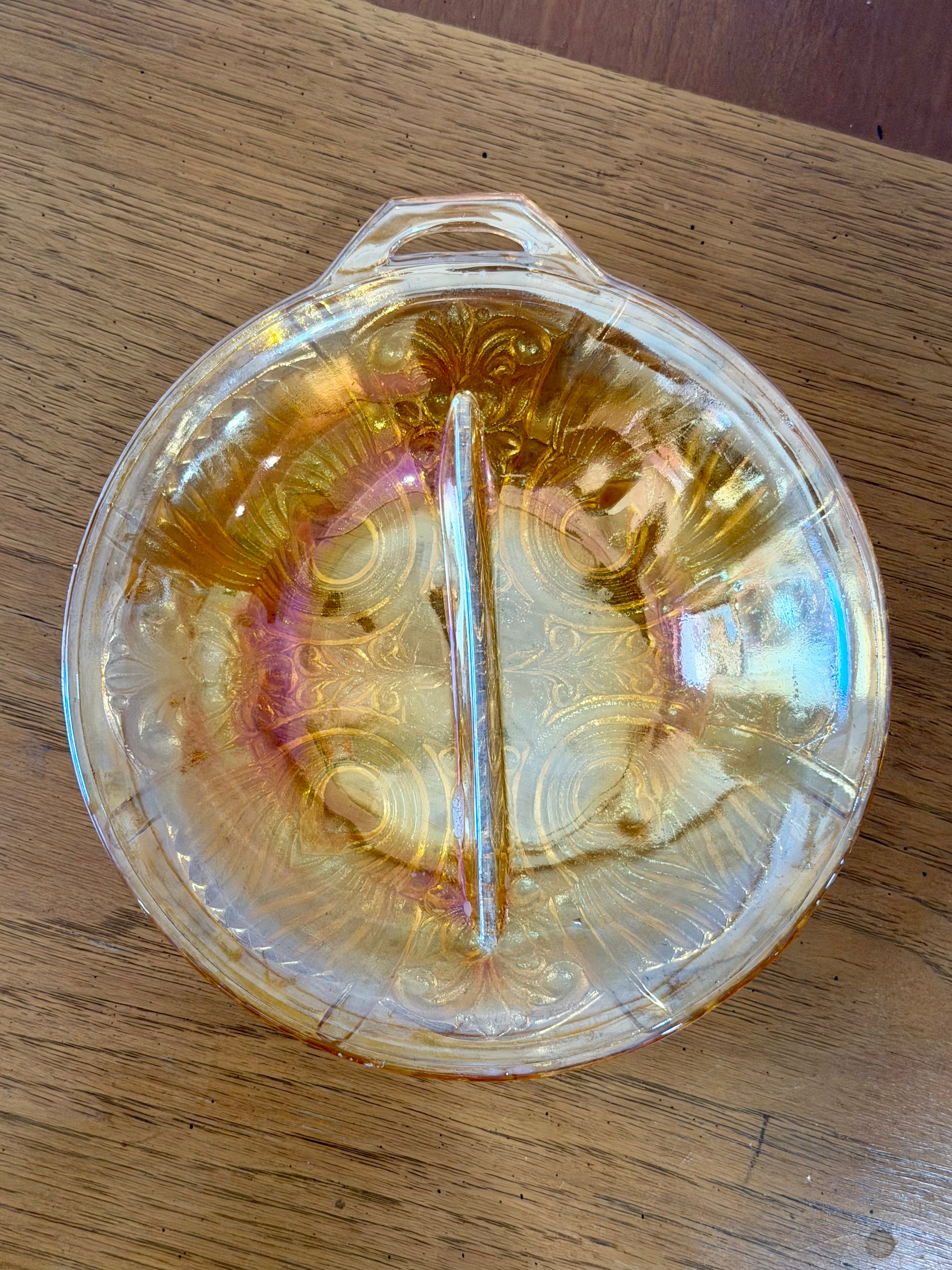 1940s Marigold Carnival Glass Divided Dish
