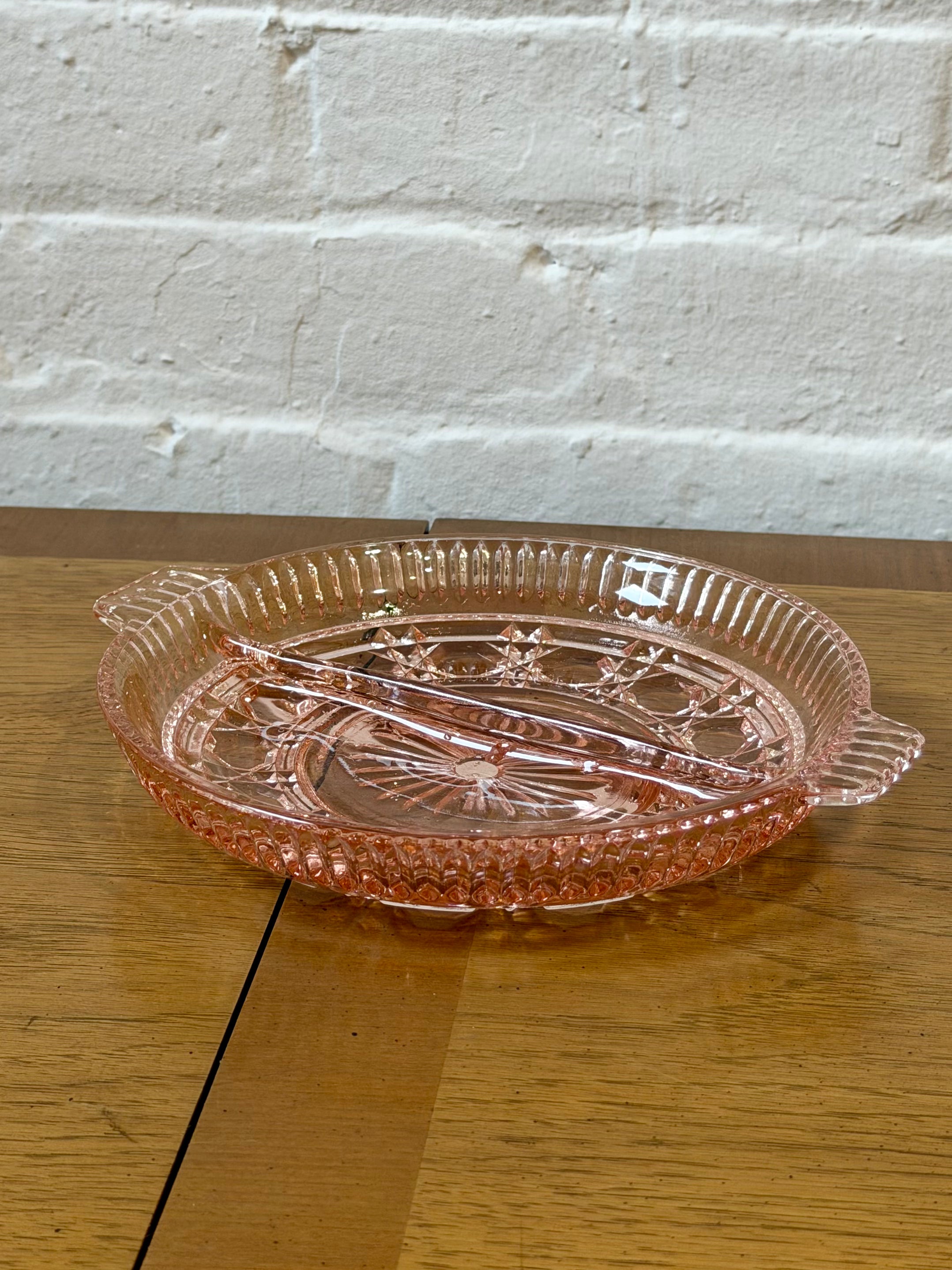 Pink Depression Era Etched Glass Divided Dish