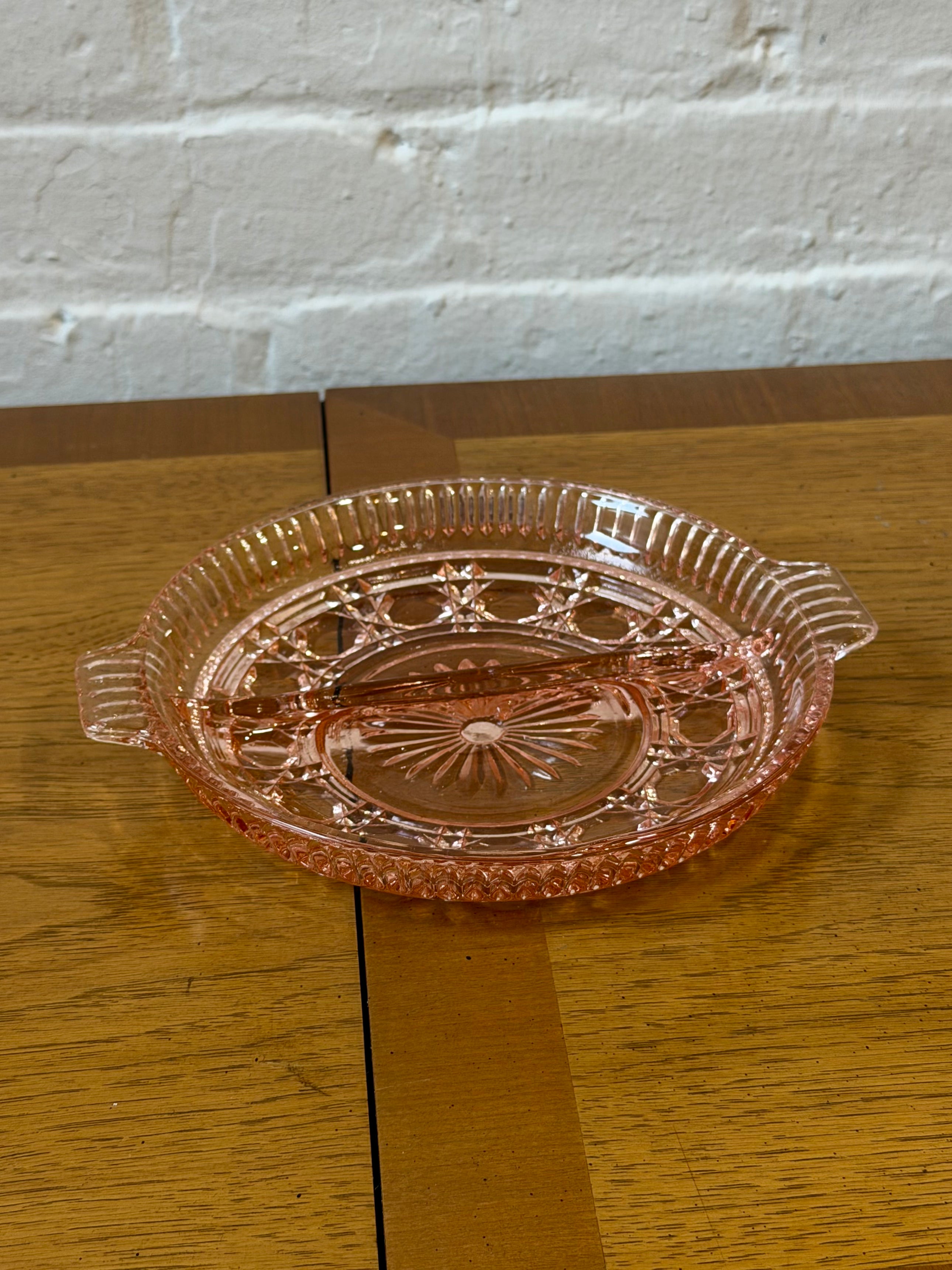 Pink Depression Era Etched Glass Divided Dish