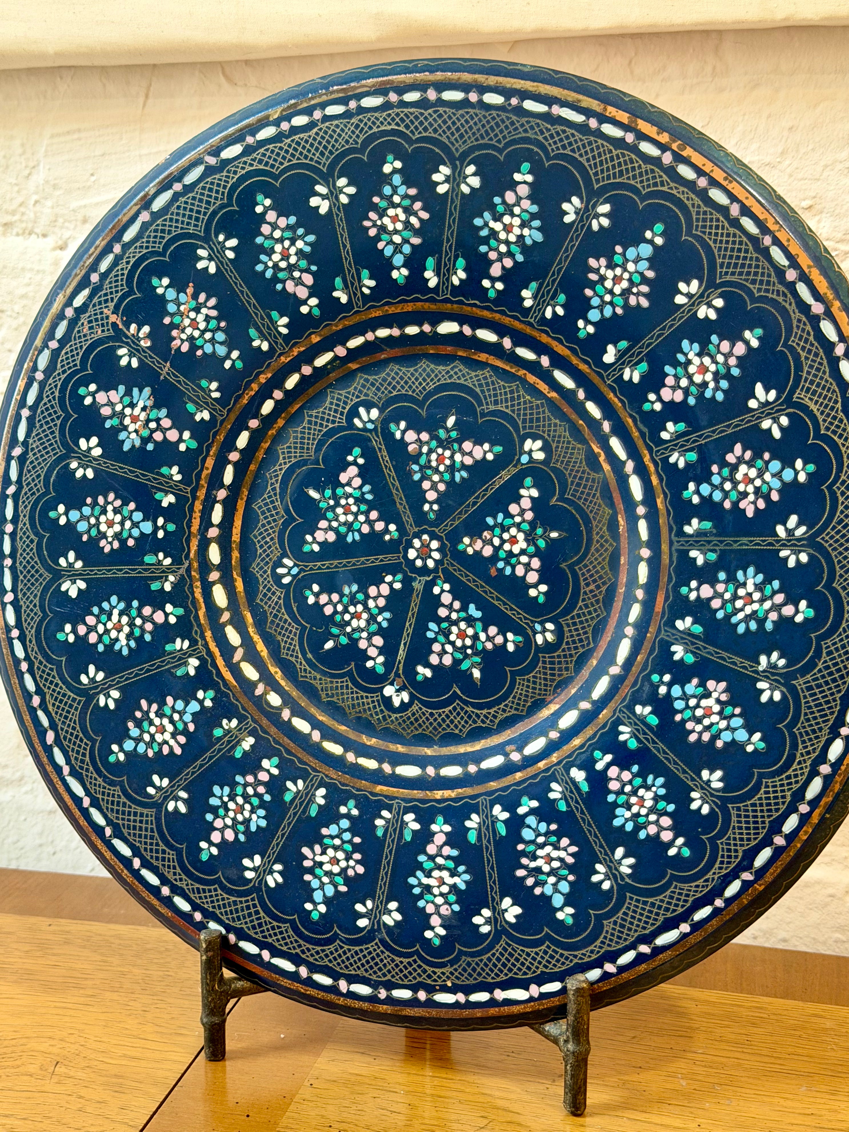 Copper Etched Enameled Hand Painted Decorative Plate