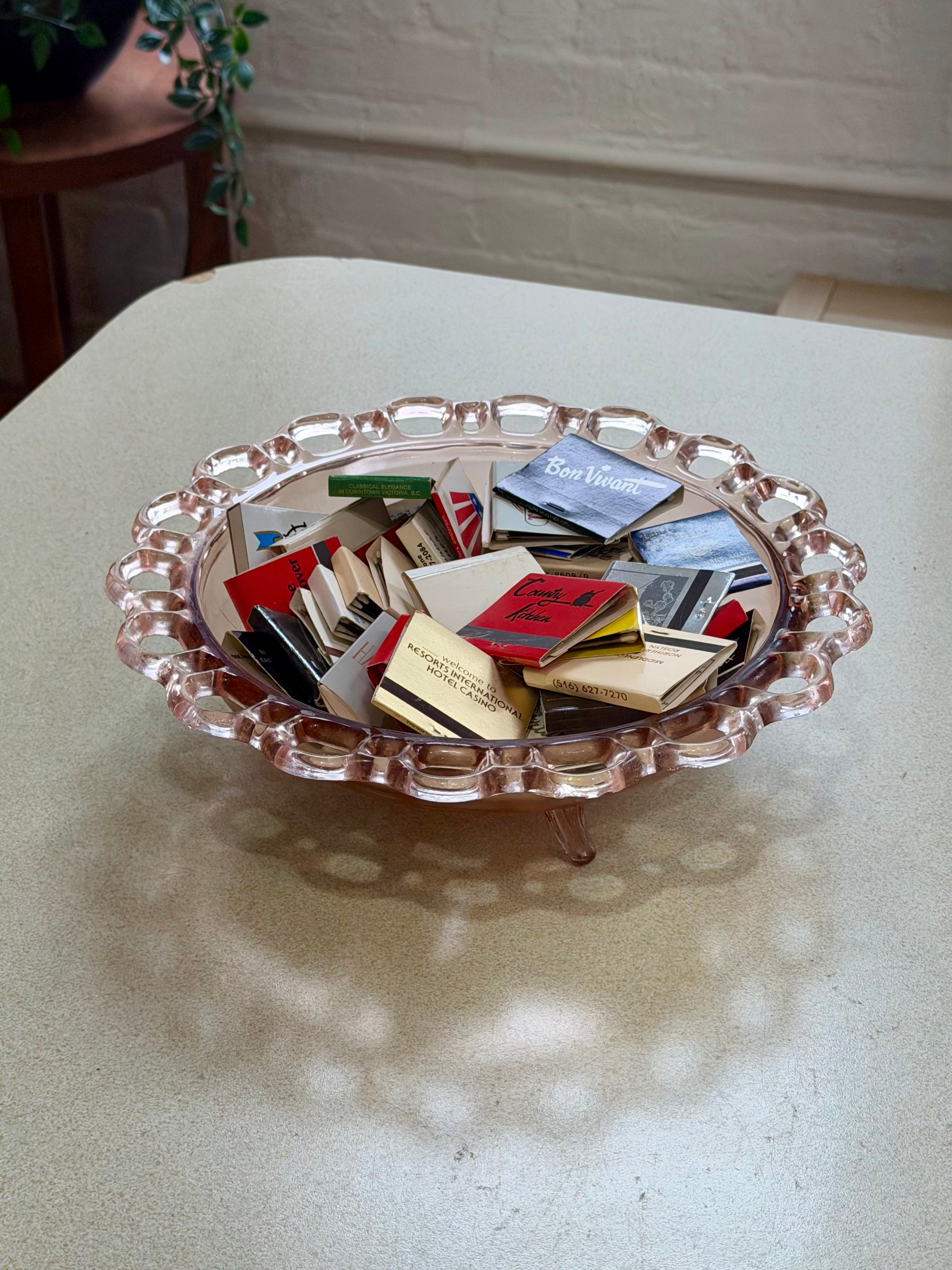 Anchor Hocking Lace Edge Pink Glass Footed Serving Bowl